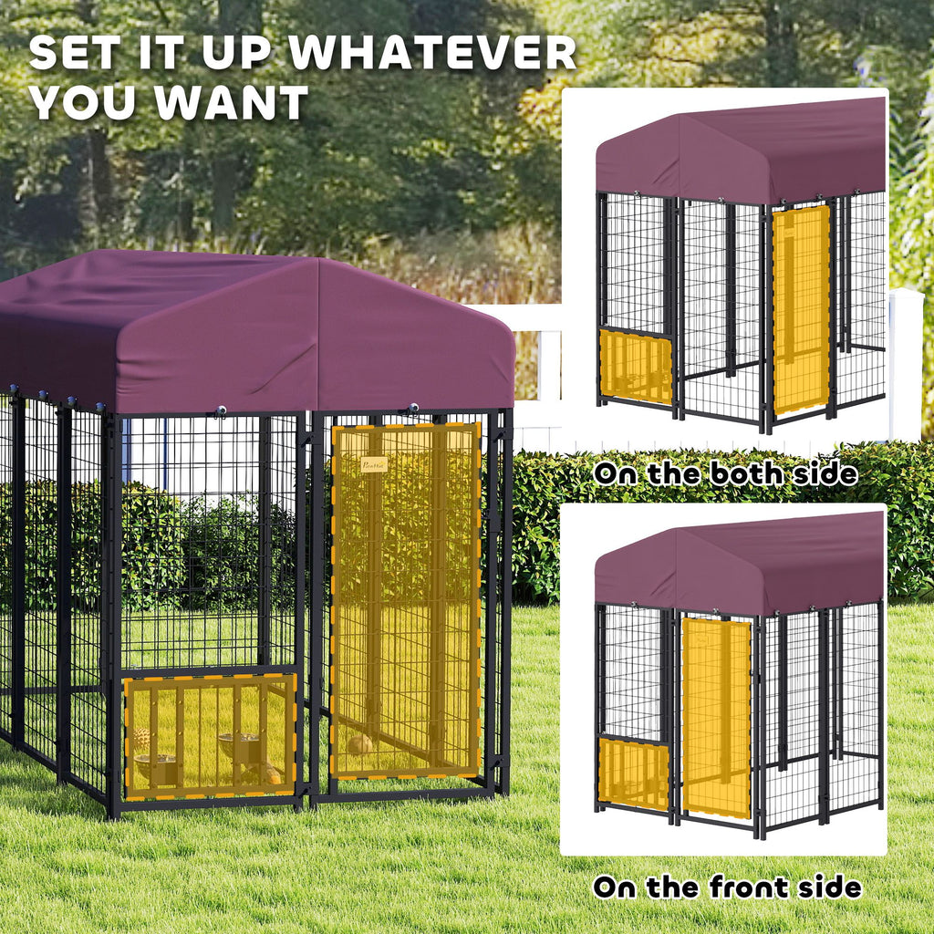Welded Wire Outdoor Dog Kennel with 360° Rotating & 4 Levels Adjustable Bowls, water-ready Cover, 7.9