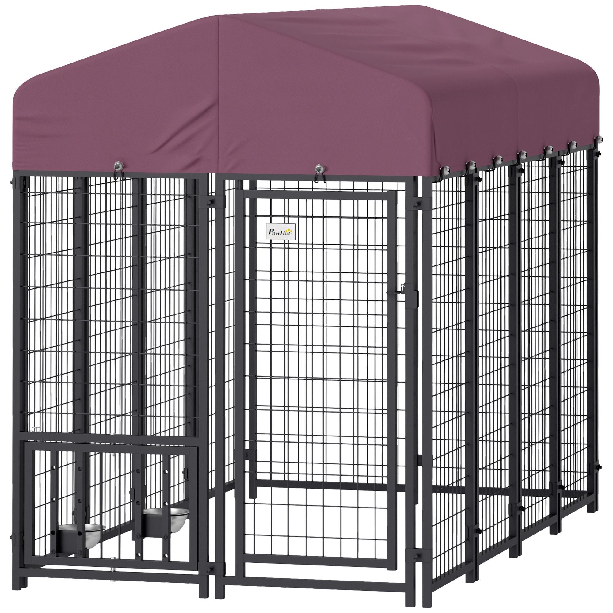 Welded Wire Outdoor Dog Kennel with 360° Rotating & 4 Levels Adjustable Bowls, water-ready Cover, 7.9