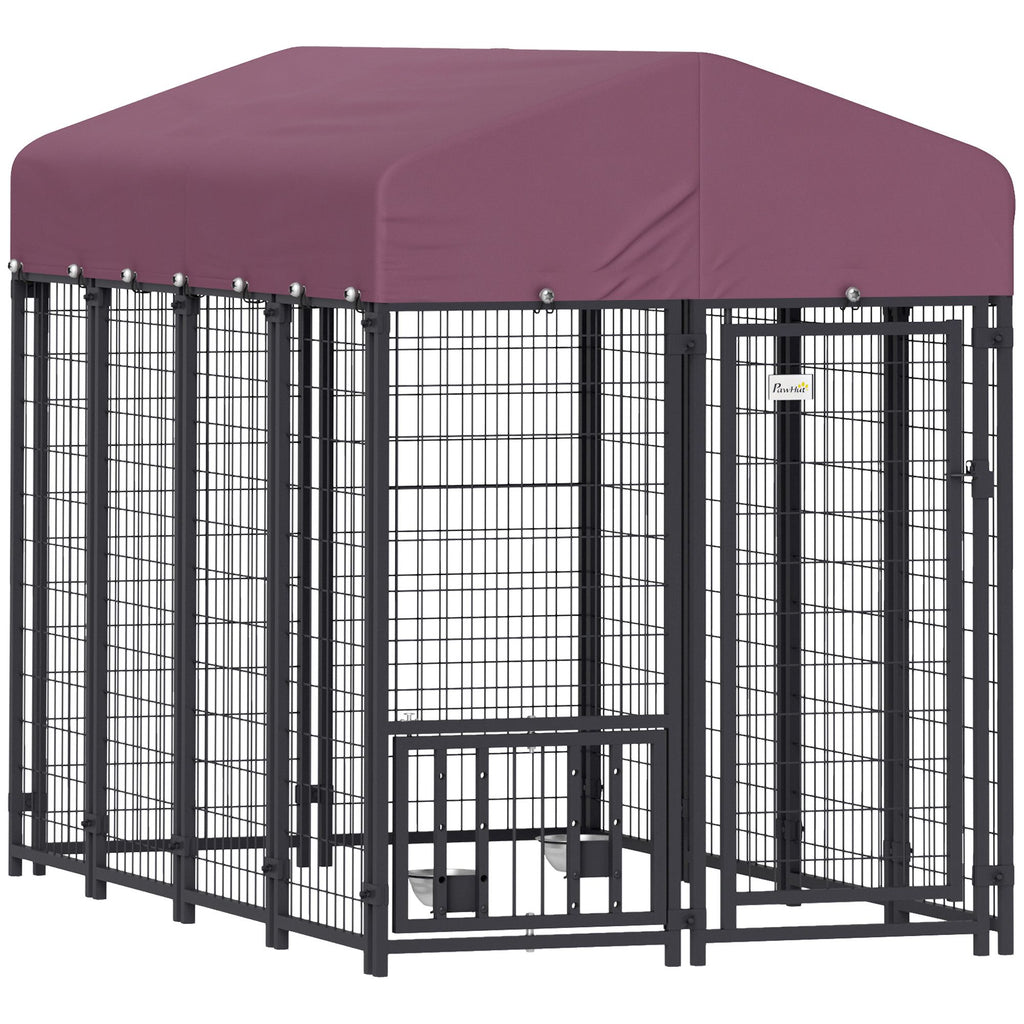 Welded Wire Outdoor Dog Kennel with 360° Rotating & 4 Levels Adjustable Bowls, water-ready Cover, 7.9