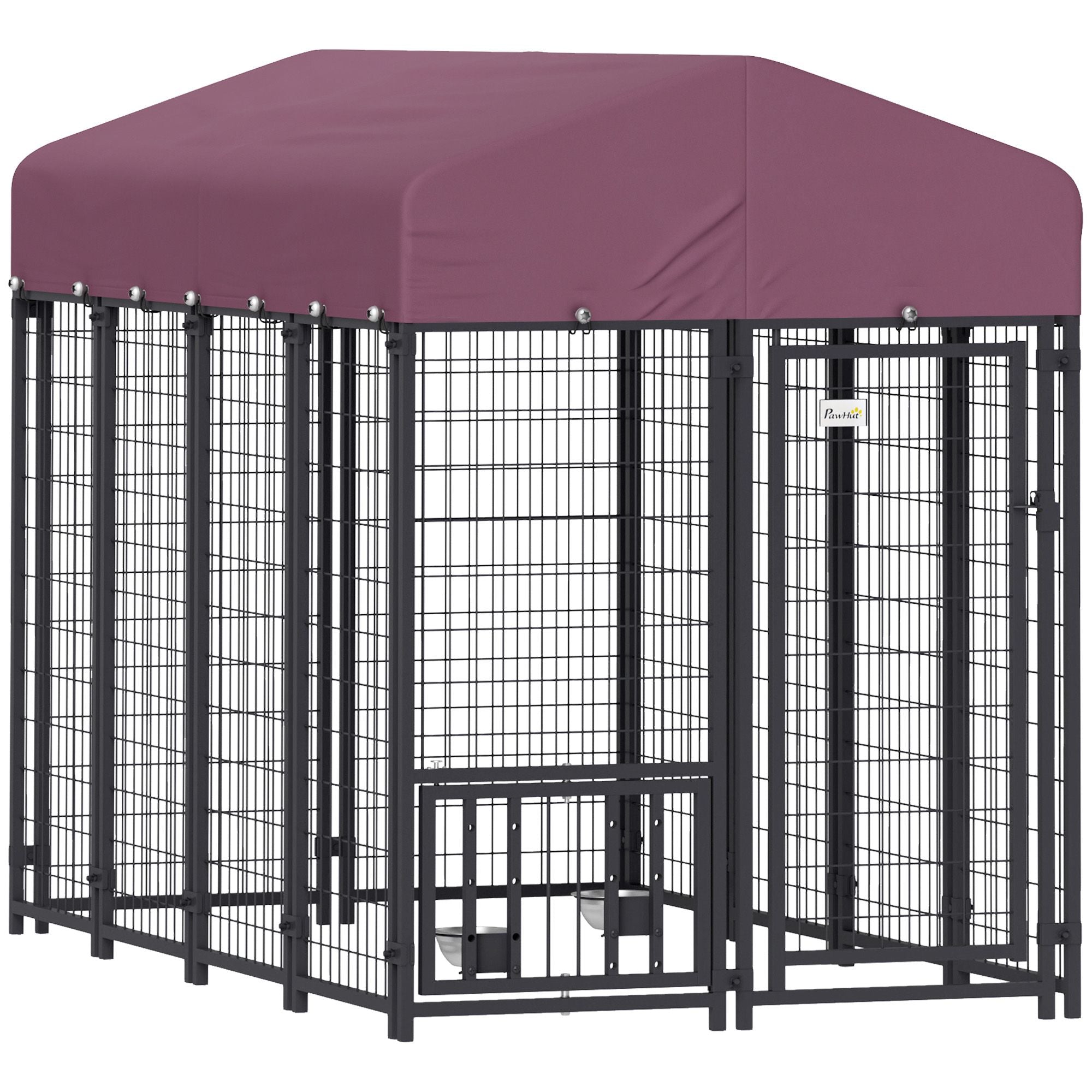 Welded Wire Outdoor Dog Kennel with 360° Rotating & 4 Levels Adjustable Bowls, water-ready Cover, 7.9