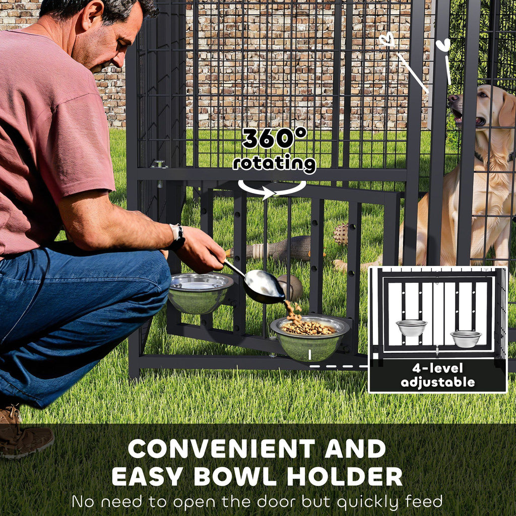 Welded Wire Outdoor Dog Kennel with 360° Rotating & 4 Levels Adjustable Bowls, water-ready Cover, 7.9
