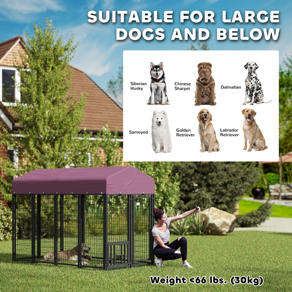 Welded Wire Outdoor Dog Kennel with 360° Rotating & 4 Levels Adjustable Bowls, water-ready Cover, 7.9