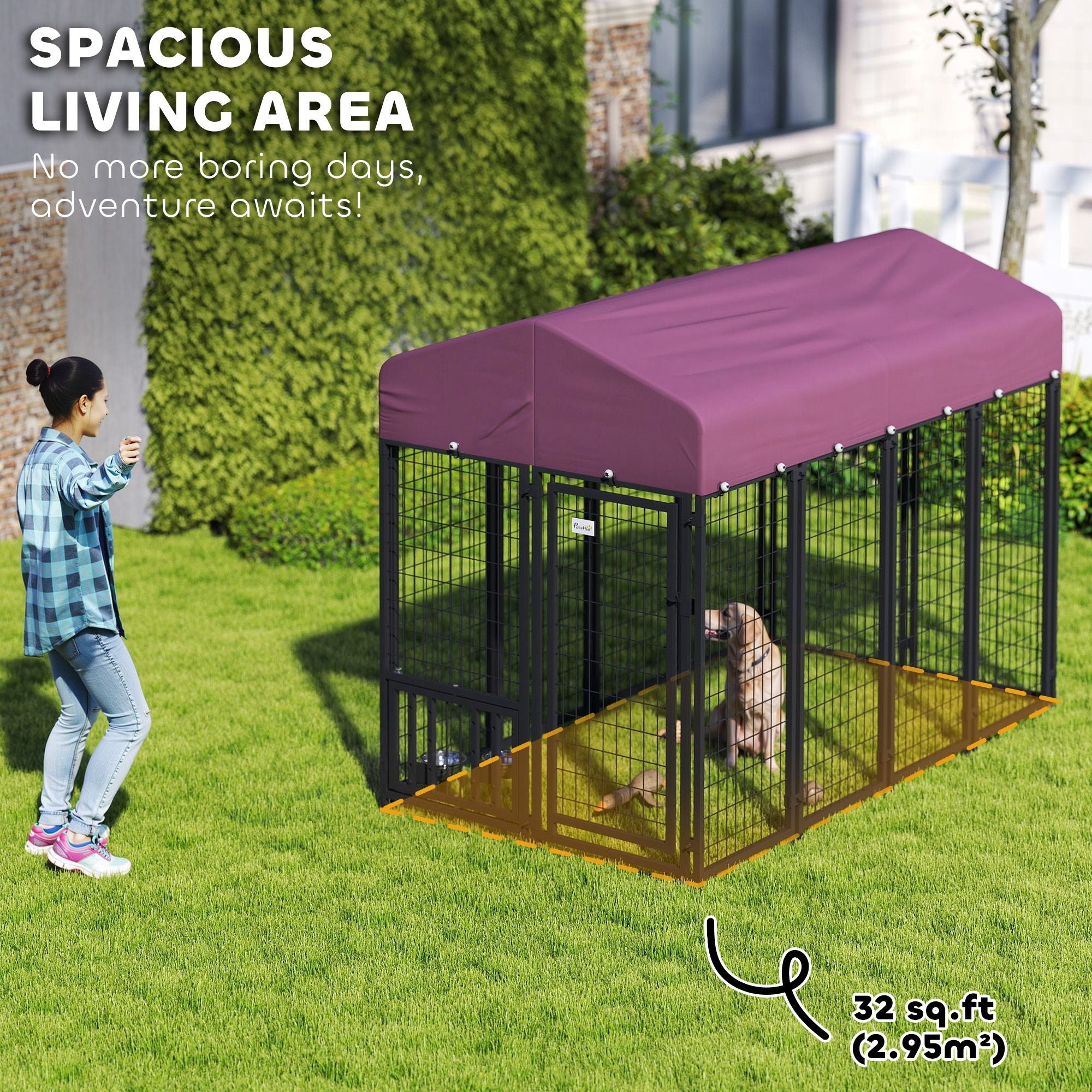 Welded Wire Outdoor Dog Kennel with 360° Rotating & 4 Levels Adjustable Bowls, water-ready Cover, 7.9