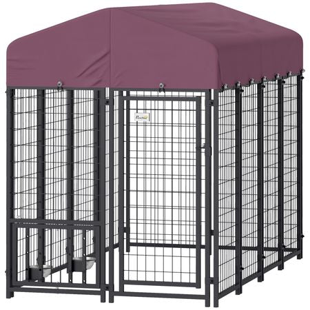 Welded Wire Outdoor Dog Kennel with 360° Rotating & 4 Levels Adjustable Bowls, water-ready Cover, 7.9