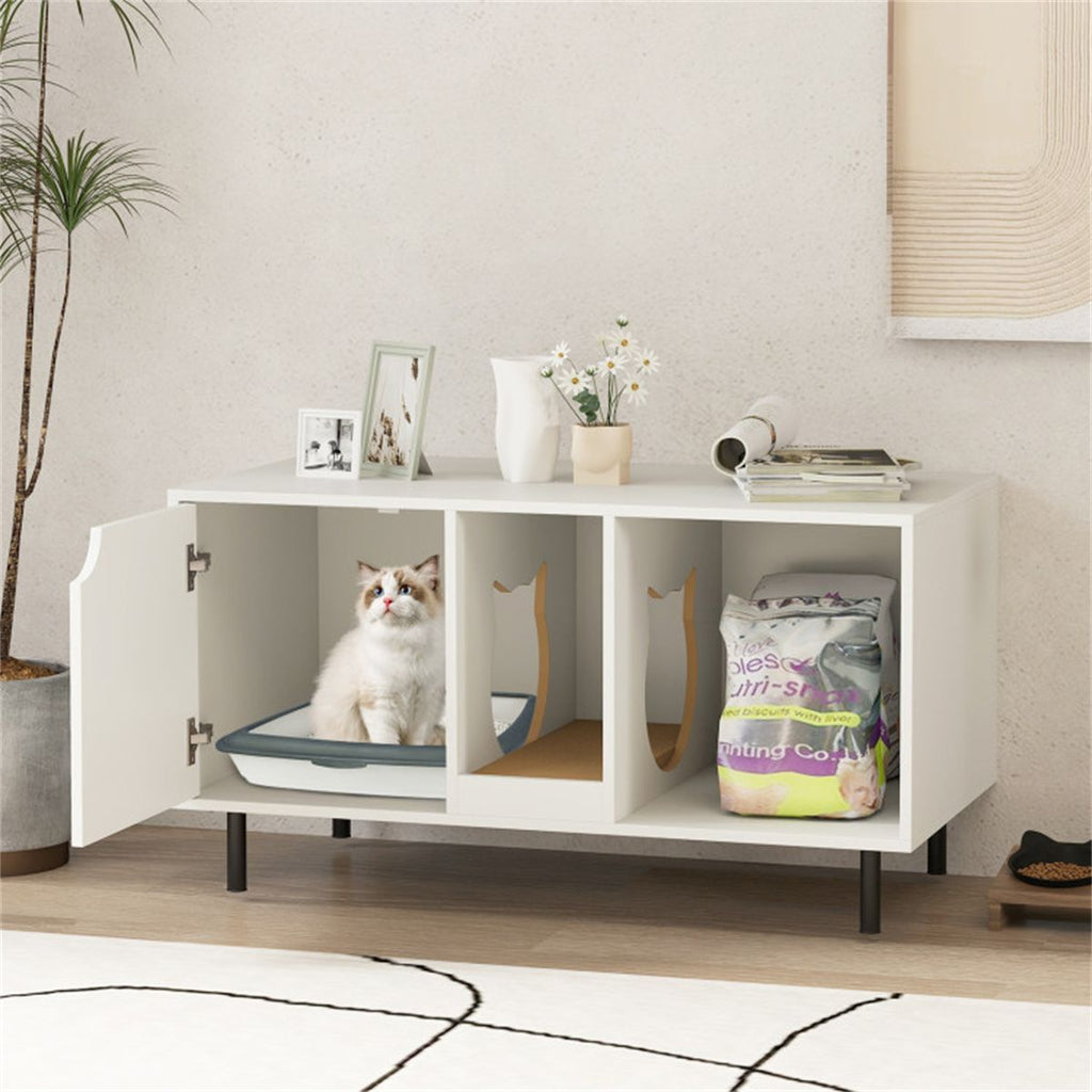 White Cat Litter Box Enclosure with Double-Room Design and Scratching Board