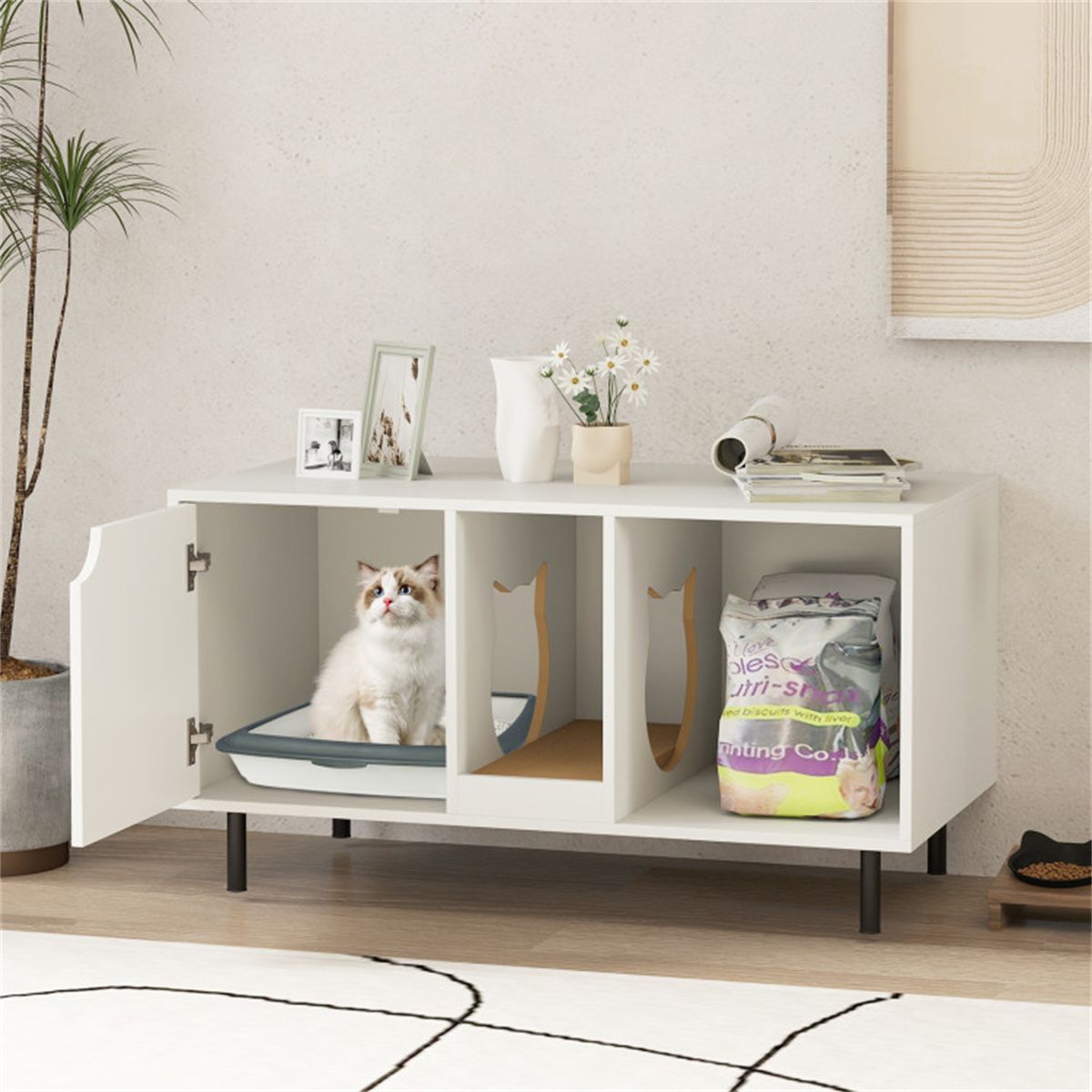 White Cat Litter Box Enclosure with Double-Room Design and Scratching Board