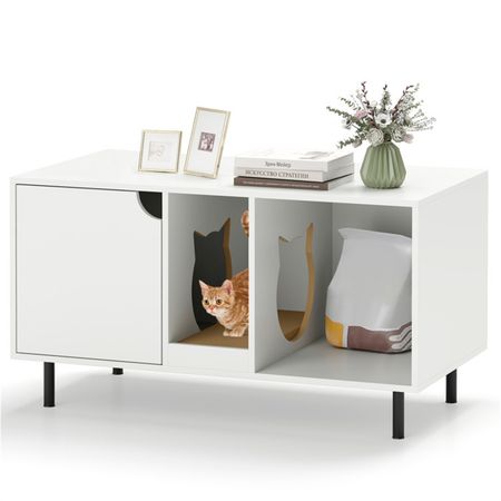 White Cat Litter Box Enclosure with Double-Room Design and Scratching Board