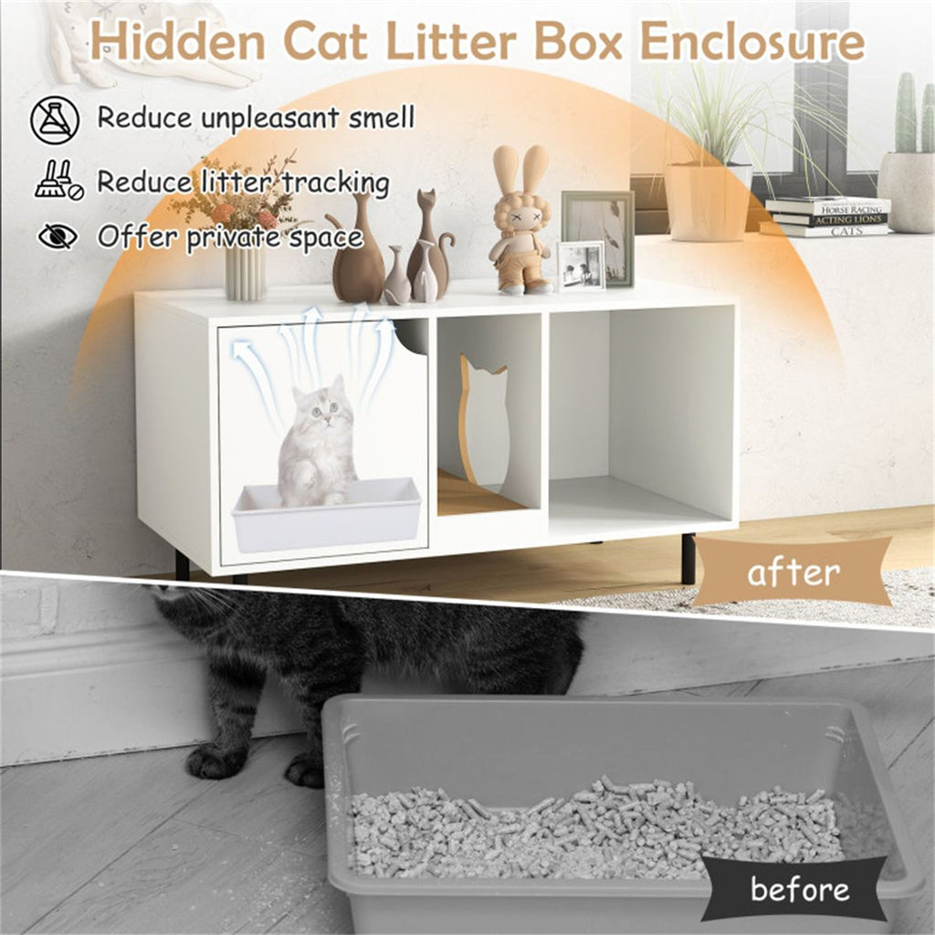 White Cat Litter Box Enclosure with Double-Room Design and Scratching Board