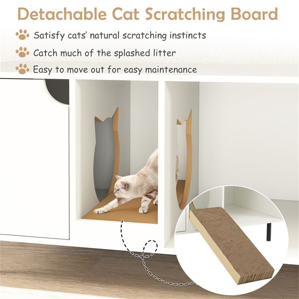 White Cat Litter Box Enclosure with Double-Room Design and Scratching Board