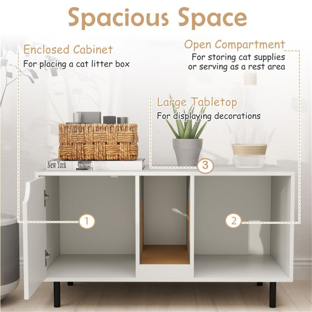 White Cat Litter Box Enclosure with Double-Room Design and Scratching Board