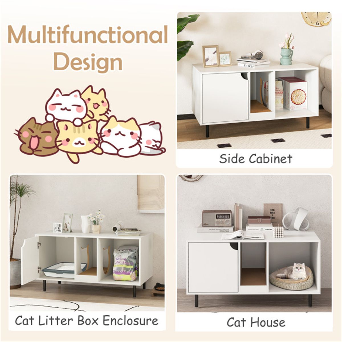 White Cat Litter Box Enclosure with Double-Room Design and Scratching Board