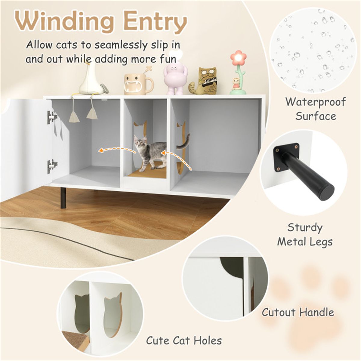 White Cat Litter Box Enclosure with Double-Room Design and Scratching Board