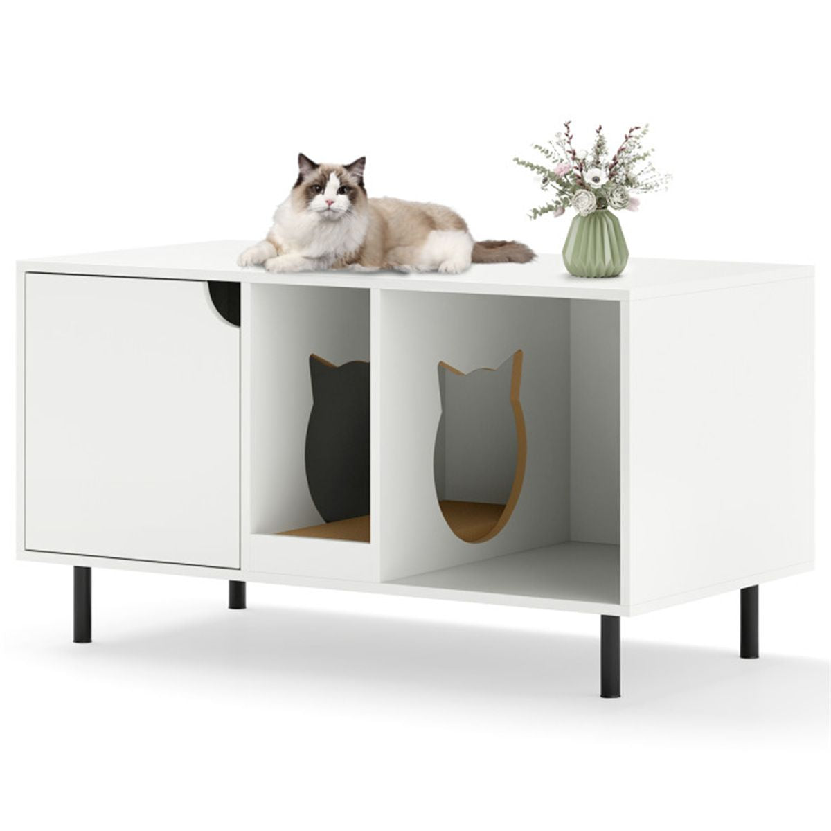 White Cat Litter Box Enclosure with Double-Room Design and Scratching Board