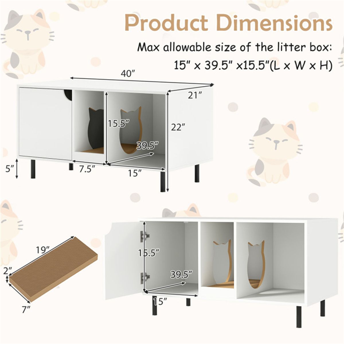 White Cat Litter Box Enclosure with Double-Room Design and Scratching Board
