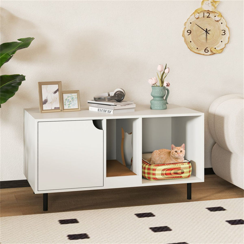 White Cat Litter Box Enclosure with Double-Room Design and Scratching Board