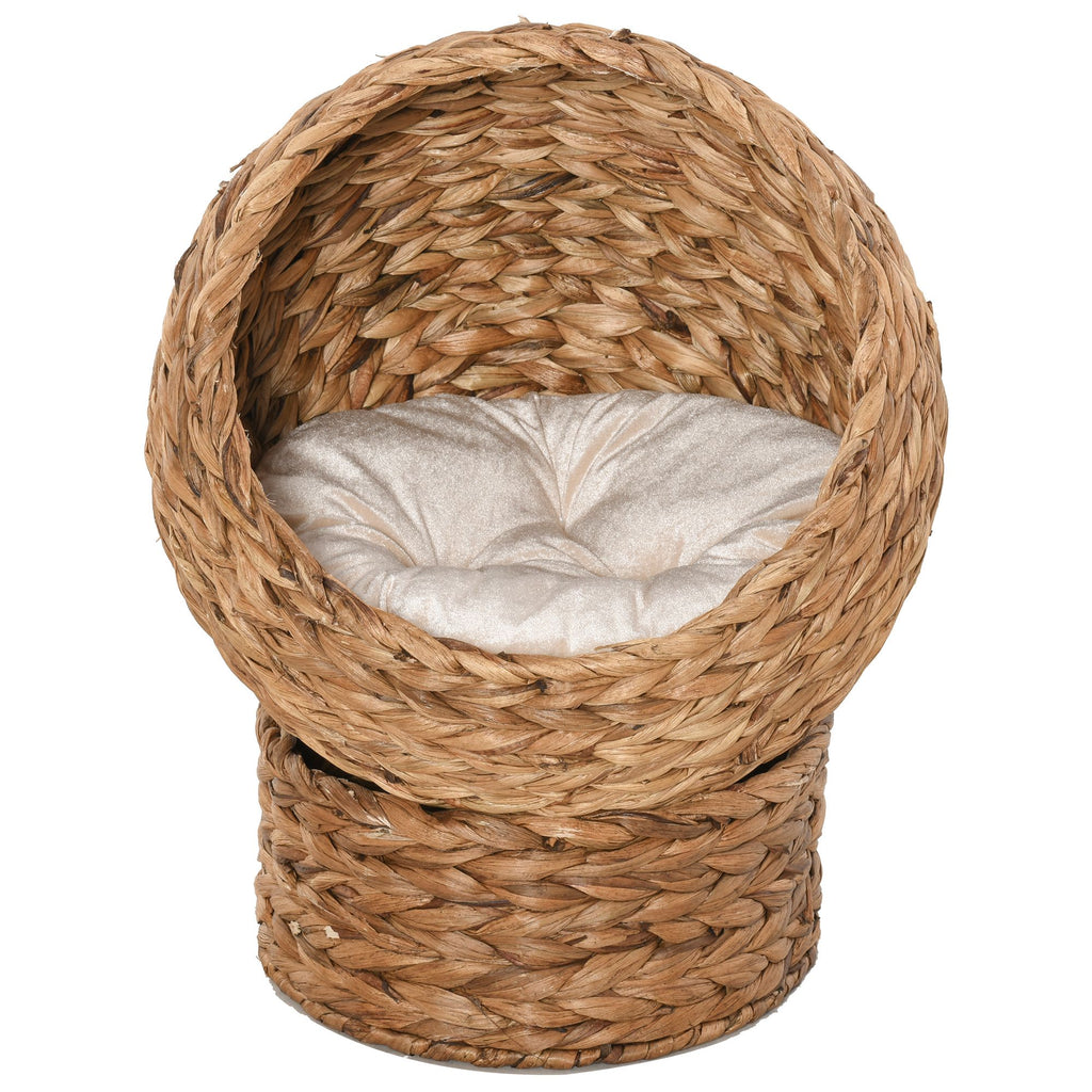 Wicker Elevated Cat Bed with Rotating Egg Design and Soft Cushion