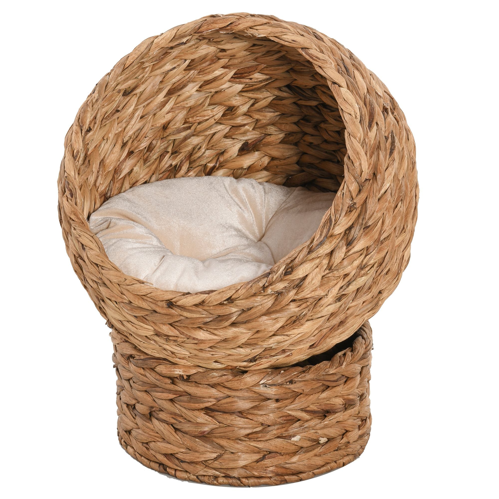 Wicker Elevated Cat Bed with Rotating Egg Design and Soft Cushion