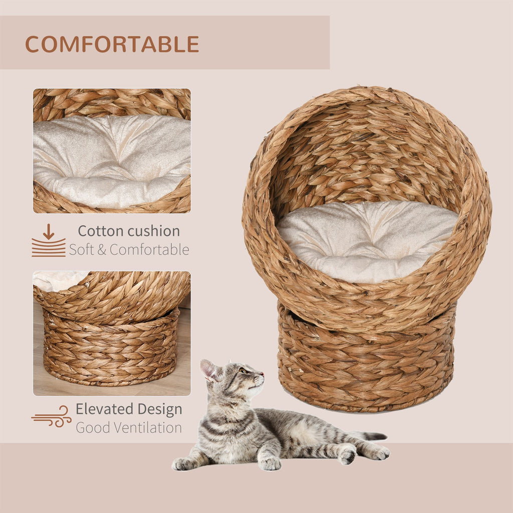 Wicker Elevated Cat Bed with Rotating Egg Design and Soft Cushion