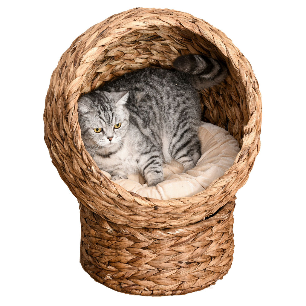 Wicker Elevated Cat Bed with Rotating Egg Design and Soft Cushion