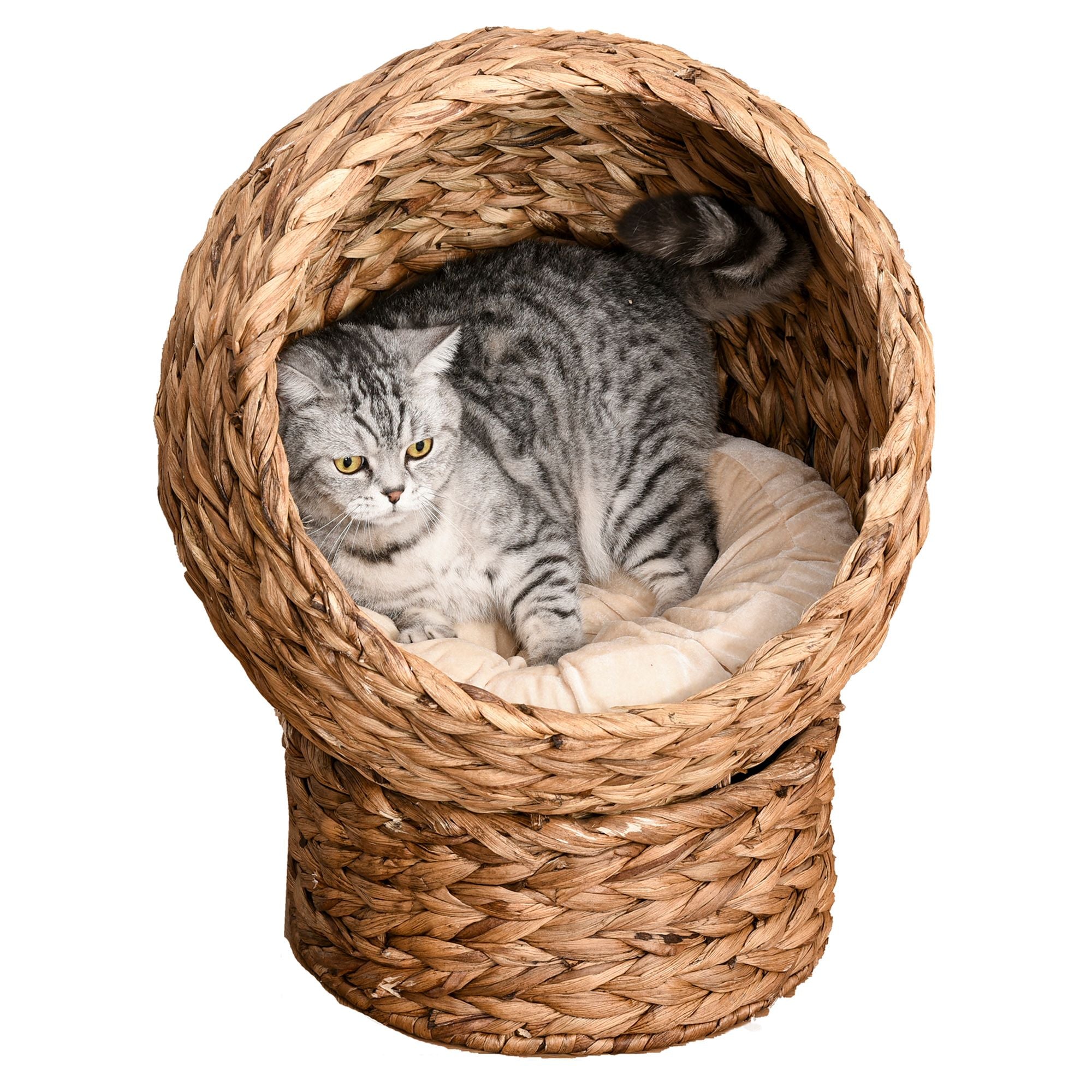 Wicker Elevated Cat Bed with Rotating Egg Design and Soft Cushion