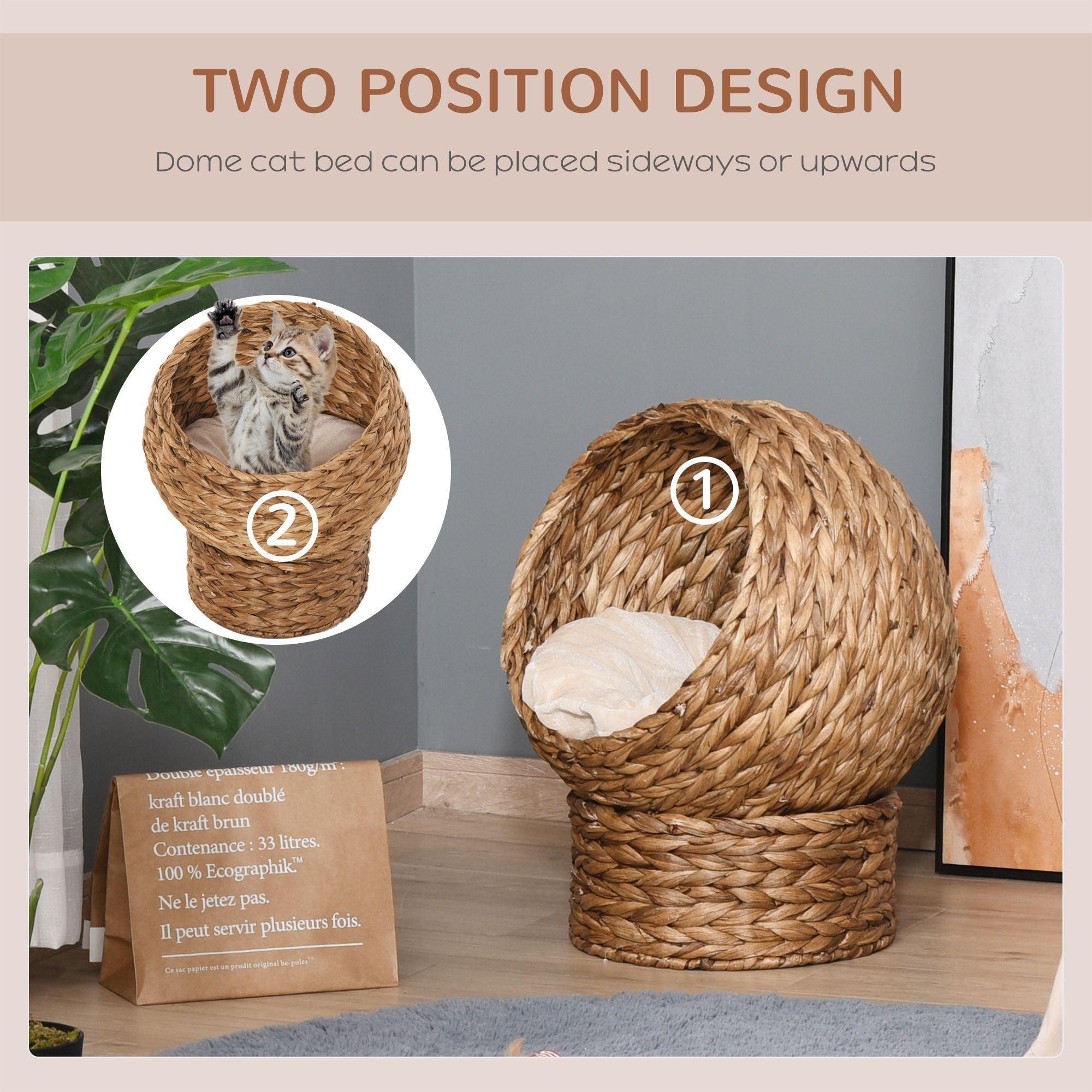 Wicker Elevated Cat Bed with Rotating Egg Design and Soft Cushion