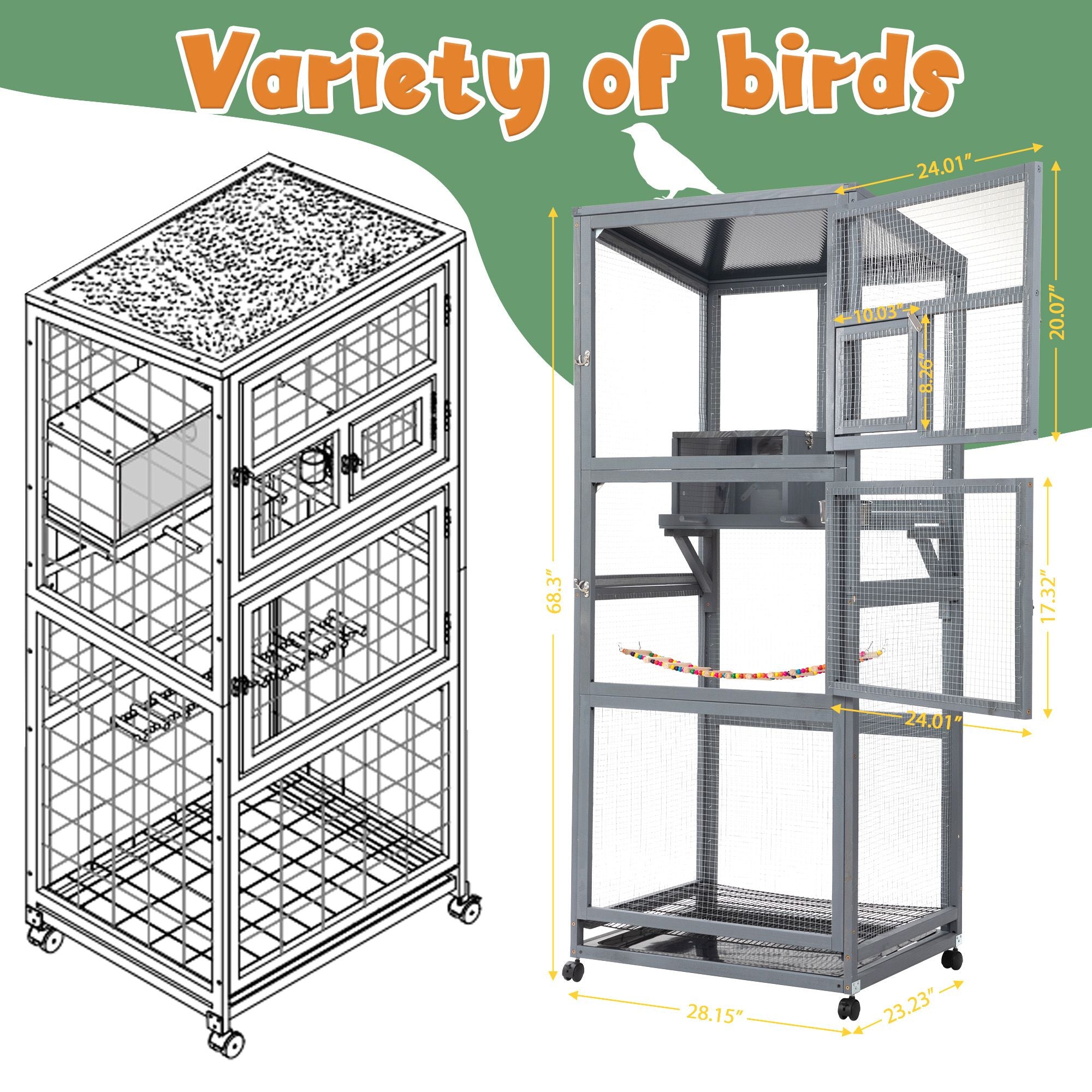 Wood Bird Cage with Universal Wheels