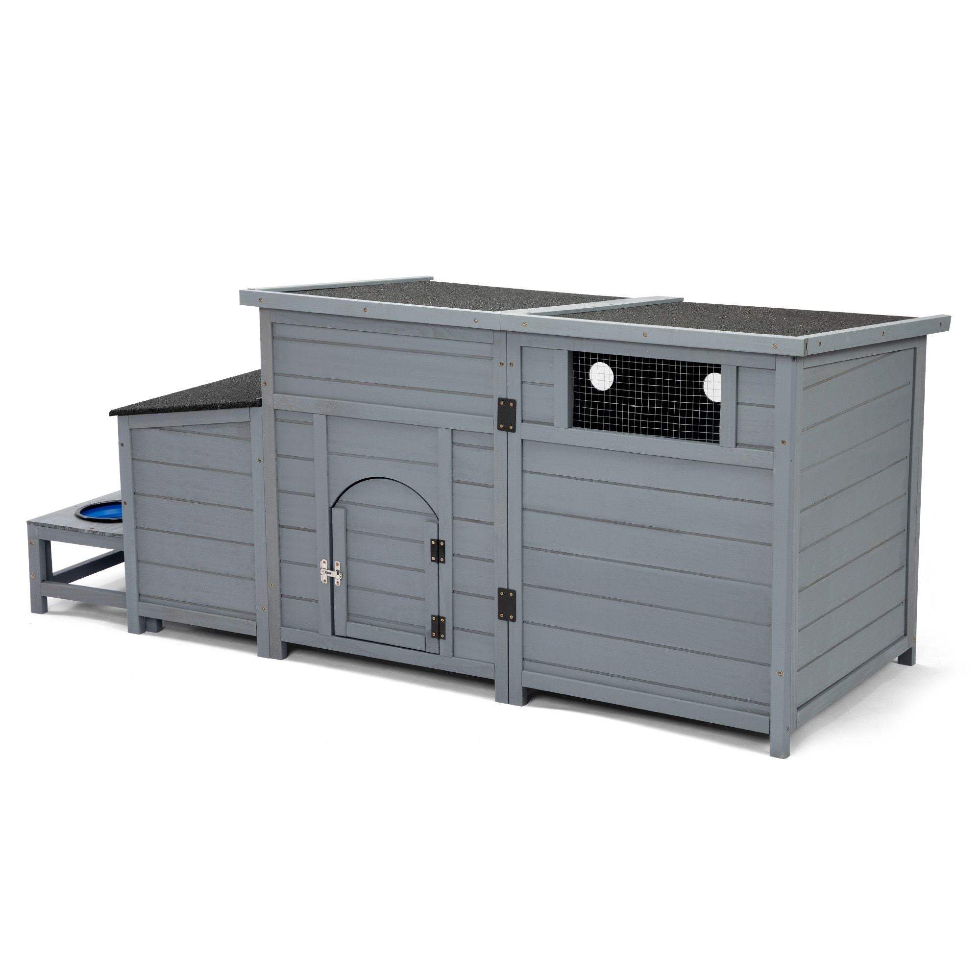 Wood Dog House, Outdoor Dog Kennel with Food Bowls, Storage Box, Vents, Openable Roof, Dog Pet Playpen Cage, Gray