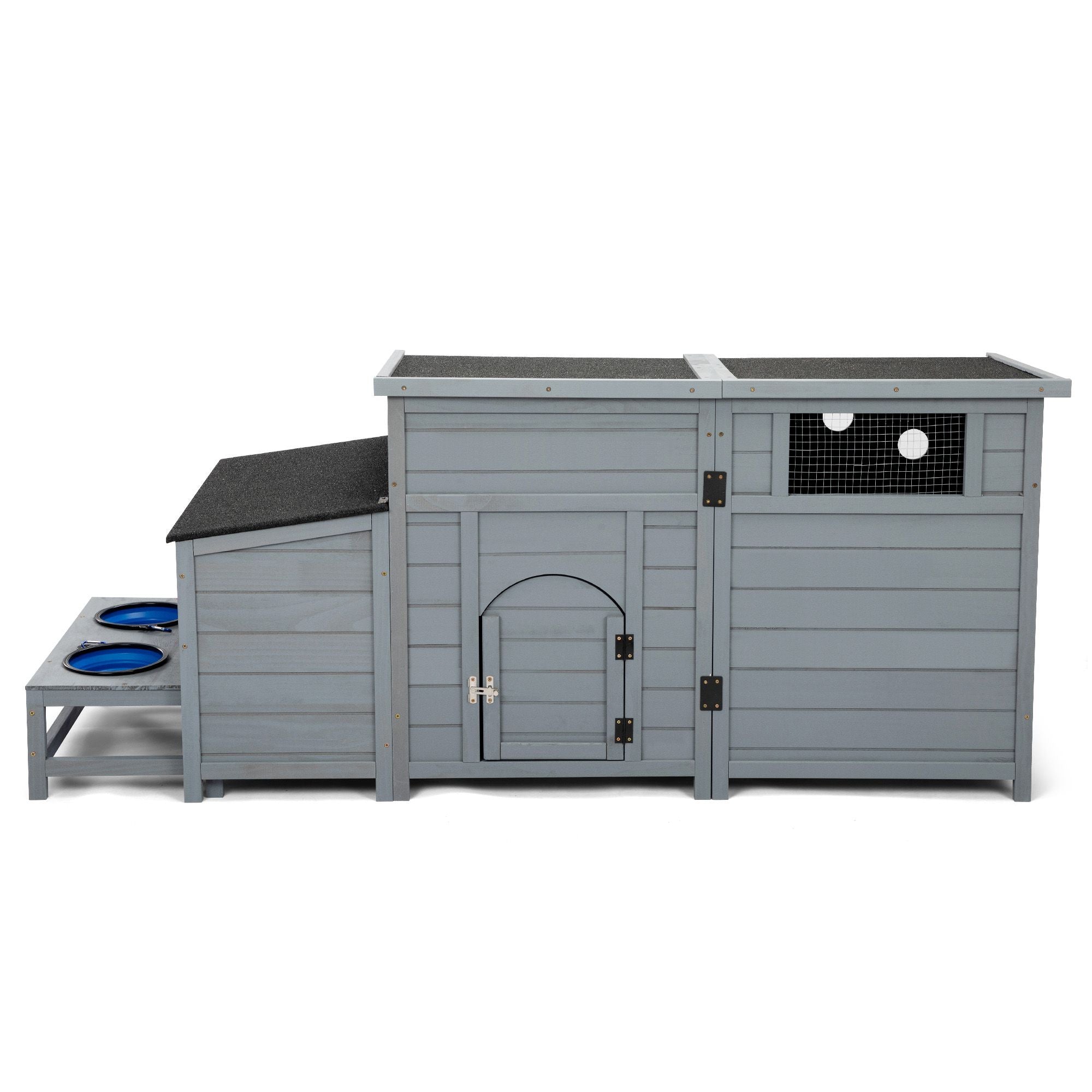 Wood Dog House, Outdoor Dog Kennel with Food Bowls, Storage Box, Vents, Openable Roof, Dog Pet Playpen Cage, Gray