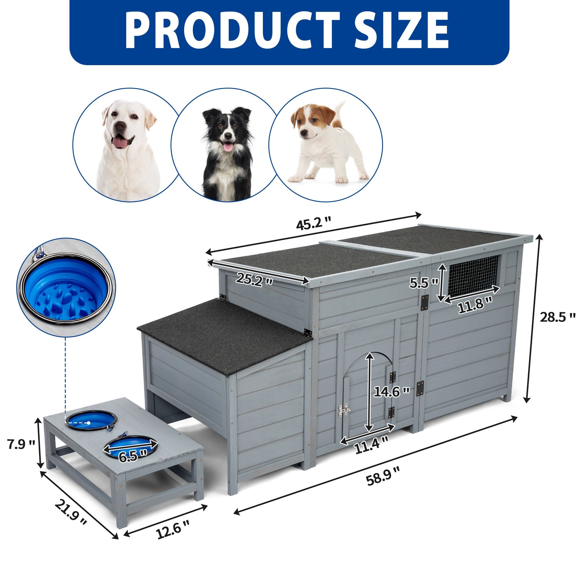 Wood Dog House, Outdoor Dog Kennel with Food Bowls, Storage Box, Vents, Openable Roof, Dog Pet Playpen Cage, Gray