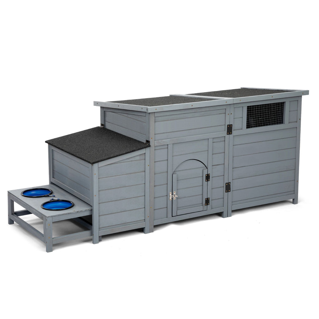 Wood Dog House, Outdoor Dog Kennel with Food Bowls, Storage Box, Vents, Openable Roof, Dog Pet Playpen Cage, Gray