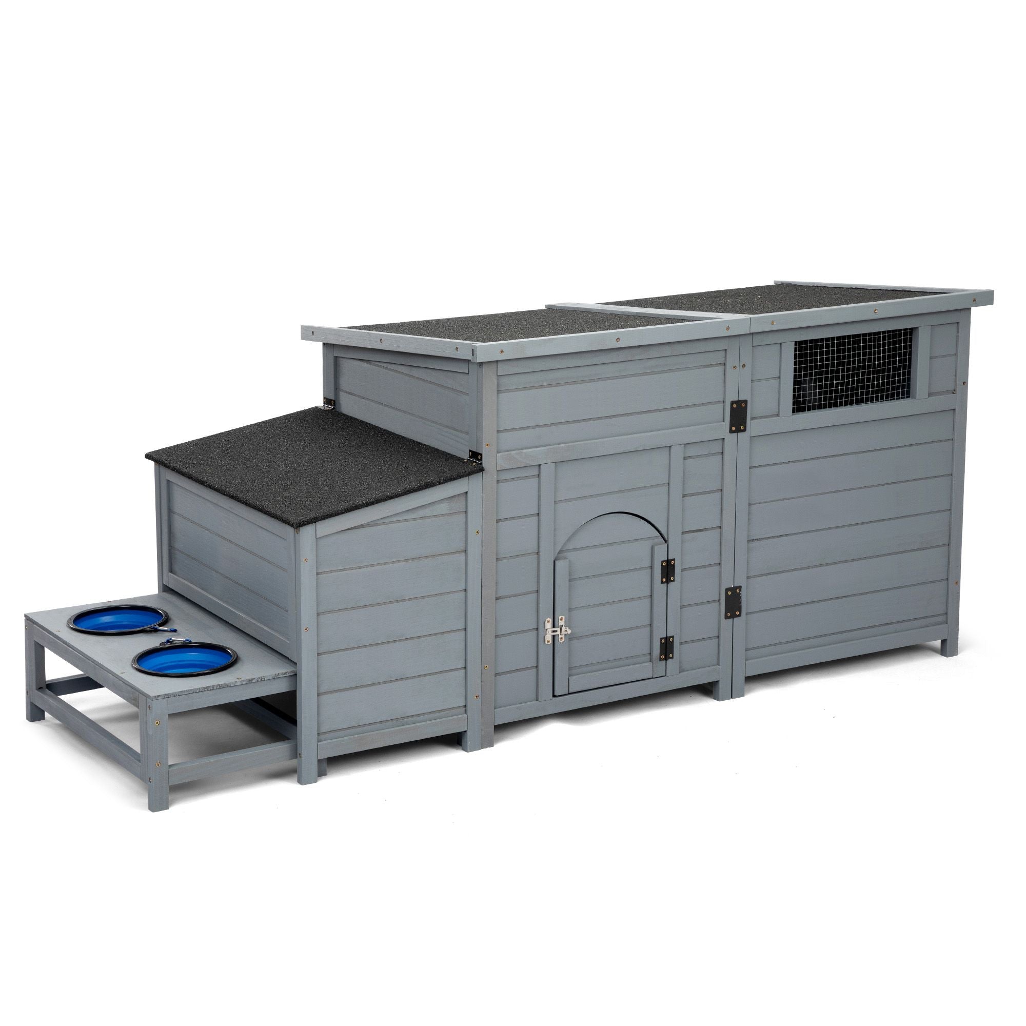 Wood Dog House, Outdoor Dog Kennel with Food Bowls, Storage Box, Vents, Openable Roof, Dog Pet Playpen Cage, Gray