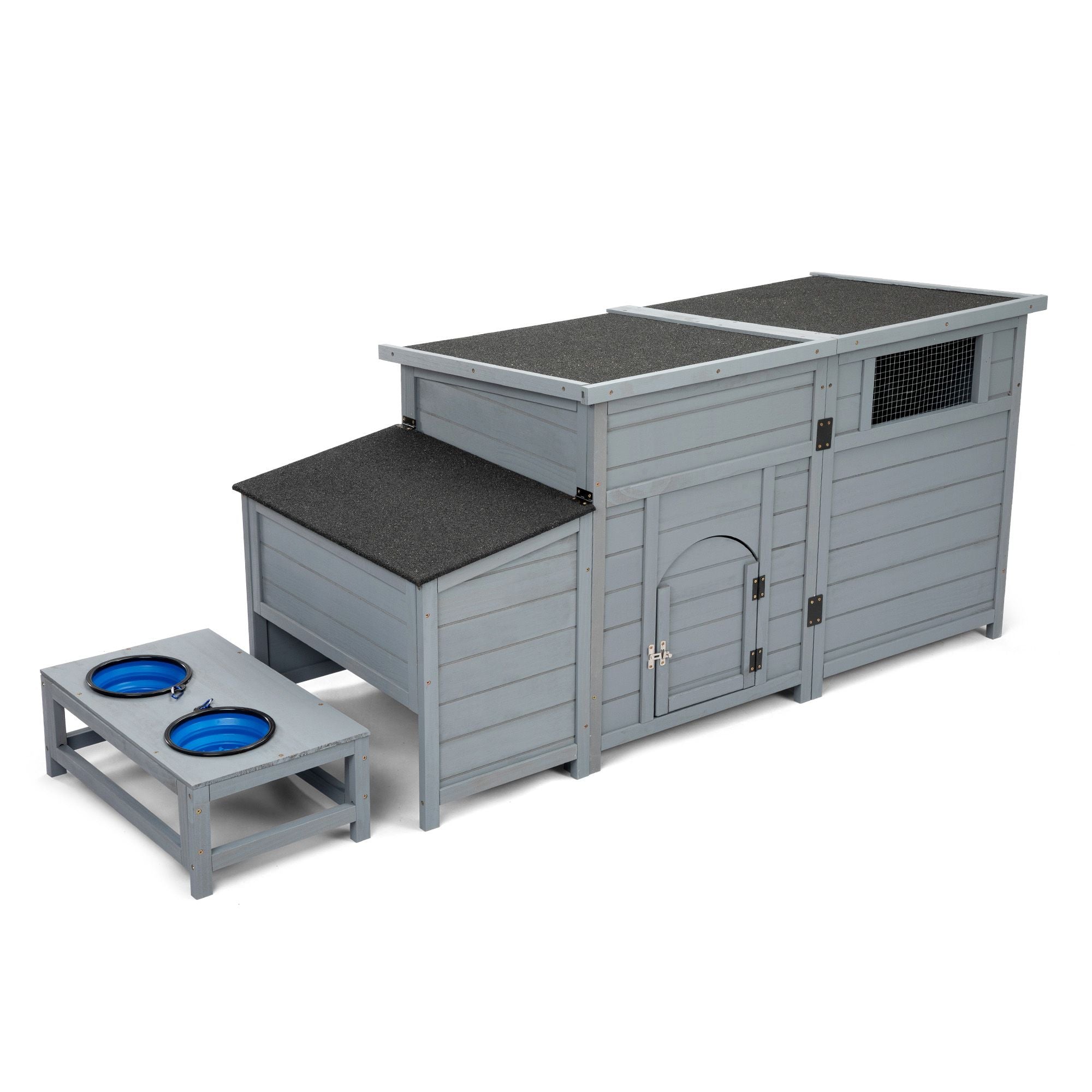 Wood Dog House, Outdoor Dog Kennel with Food Bowls, Storage Box, Vents, Openable Roof, Dog Pet Playpen Cage, Gray