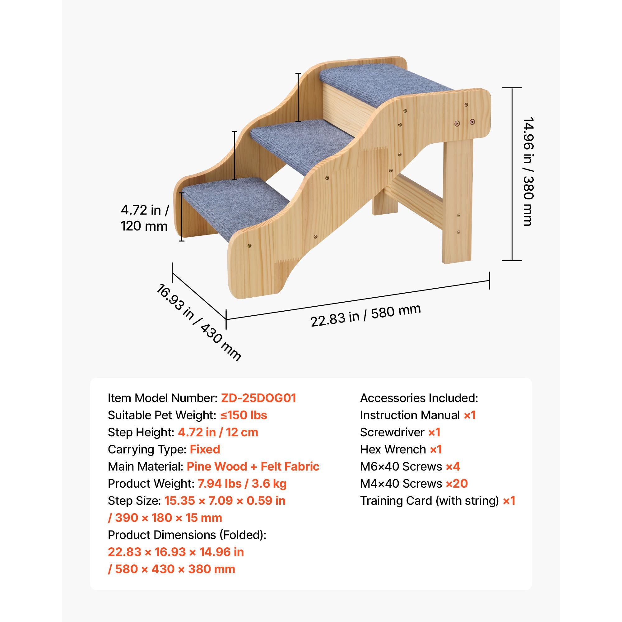 3-Step furniture-style Pet Stairs for High Beds & Sofas – Supports Up to