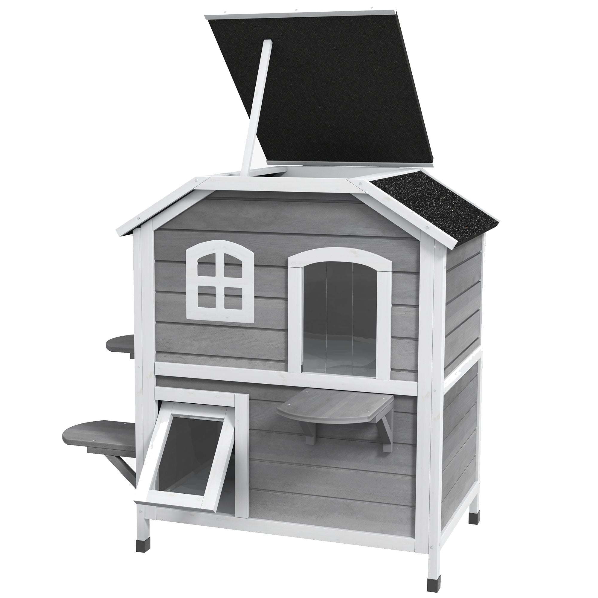 furniture-style 2-Story Outdoor Cat House with Asphalt Roof & Escape Openings