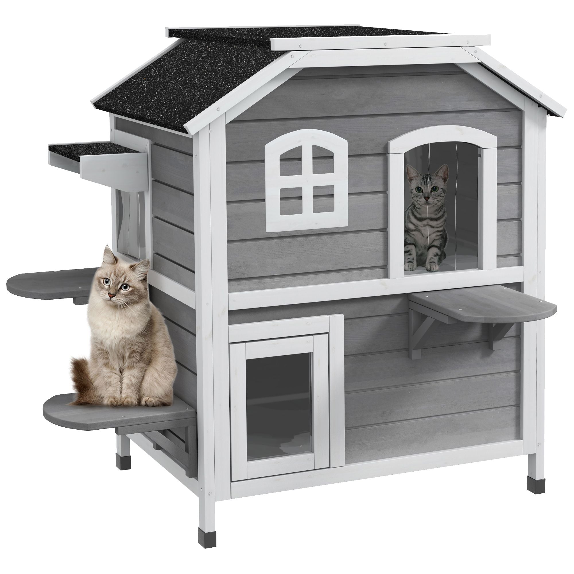 furniture-style 2-Story Outdoor Cat House with Asphalt Roof & Escape Openings