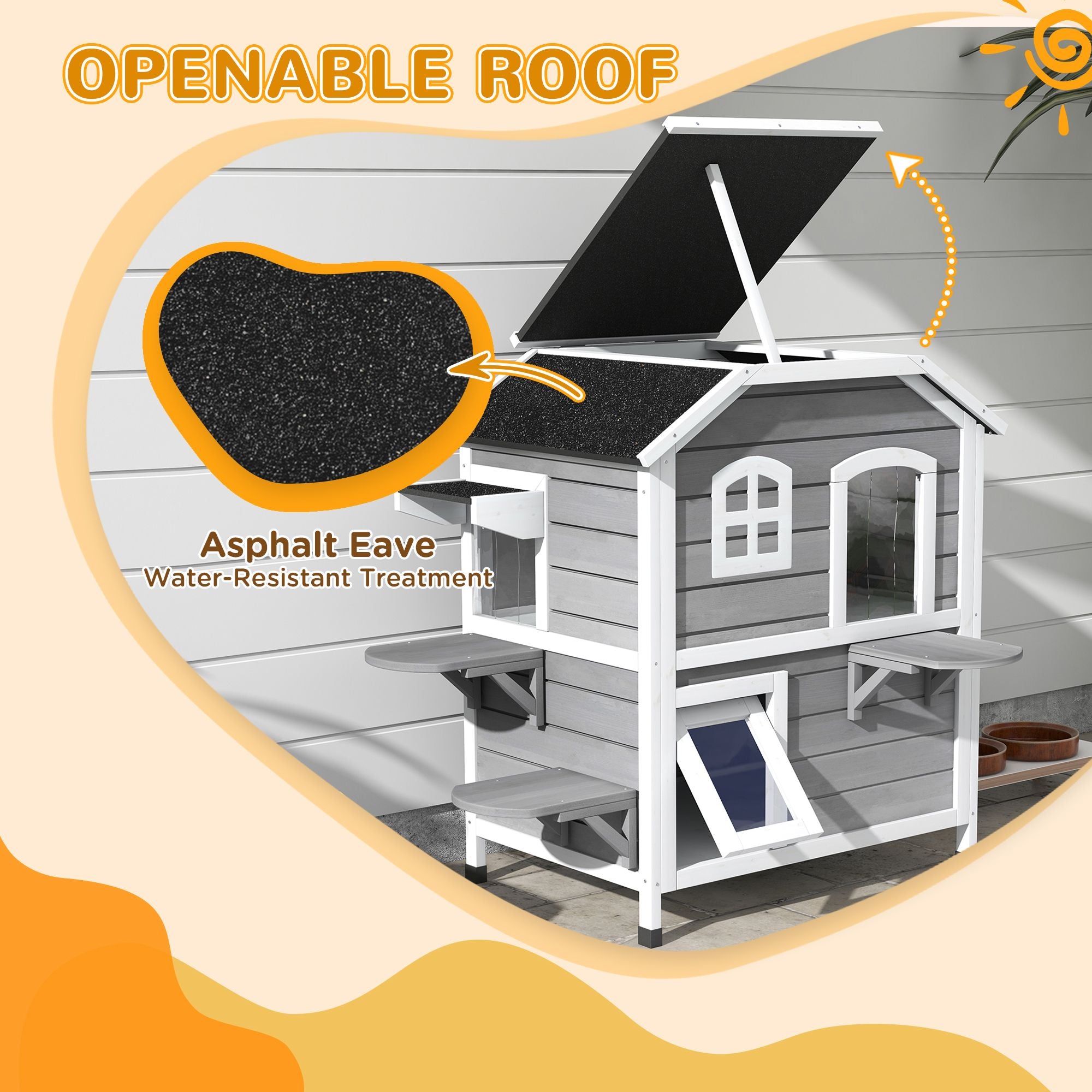 furniture-style 2-Story Outdoor Cat House with Asphalt Roof & Escape Openings