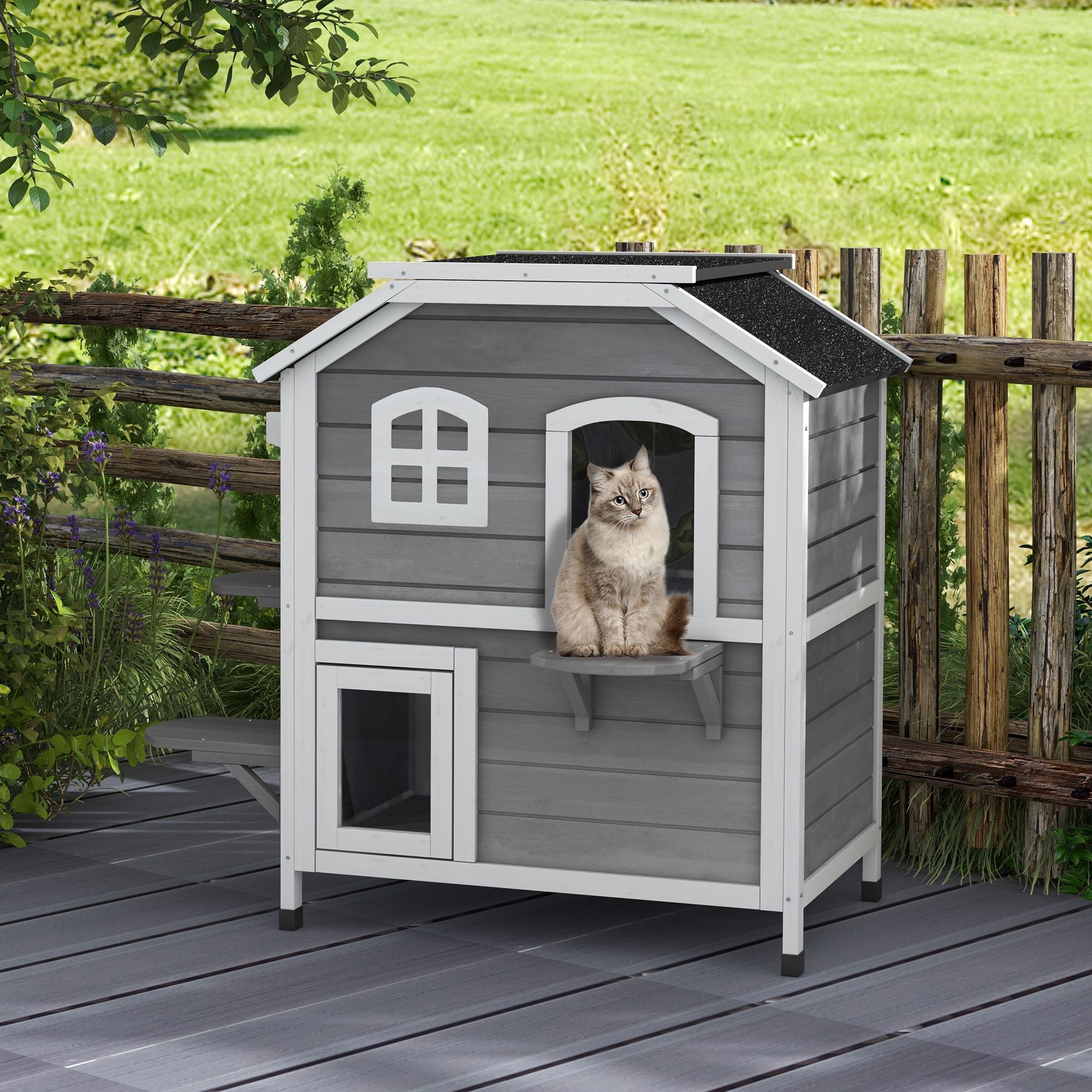 furniture-style 2-Story Outdoor Cat House with Asphalt Roof & Escape Openings