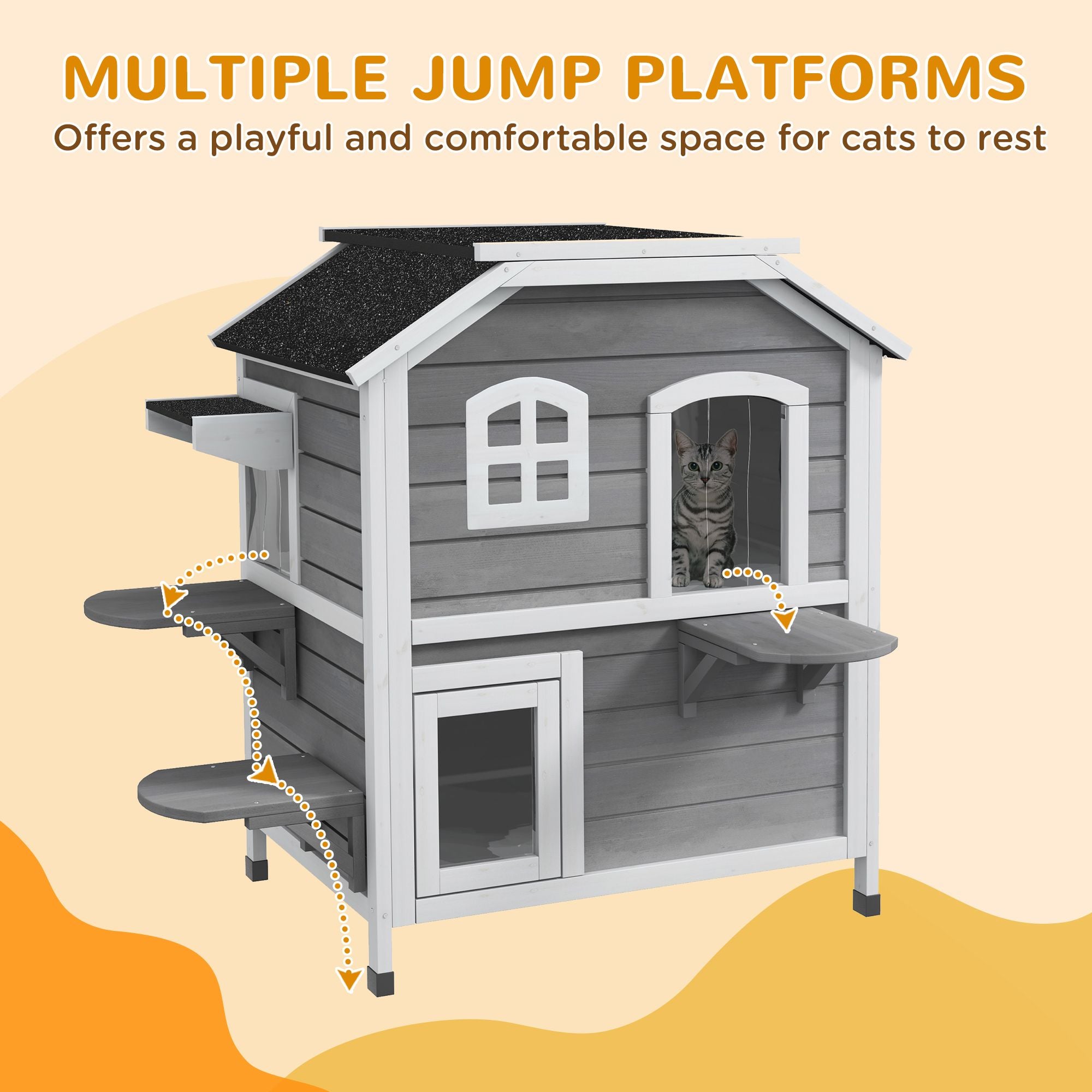 furniture-style 2-Story Outdoor Cat House with Asphalt Roof & Escape Openings