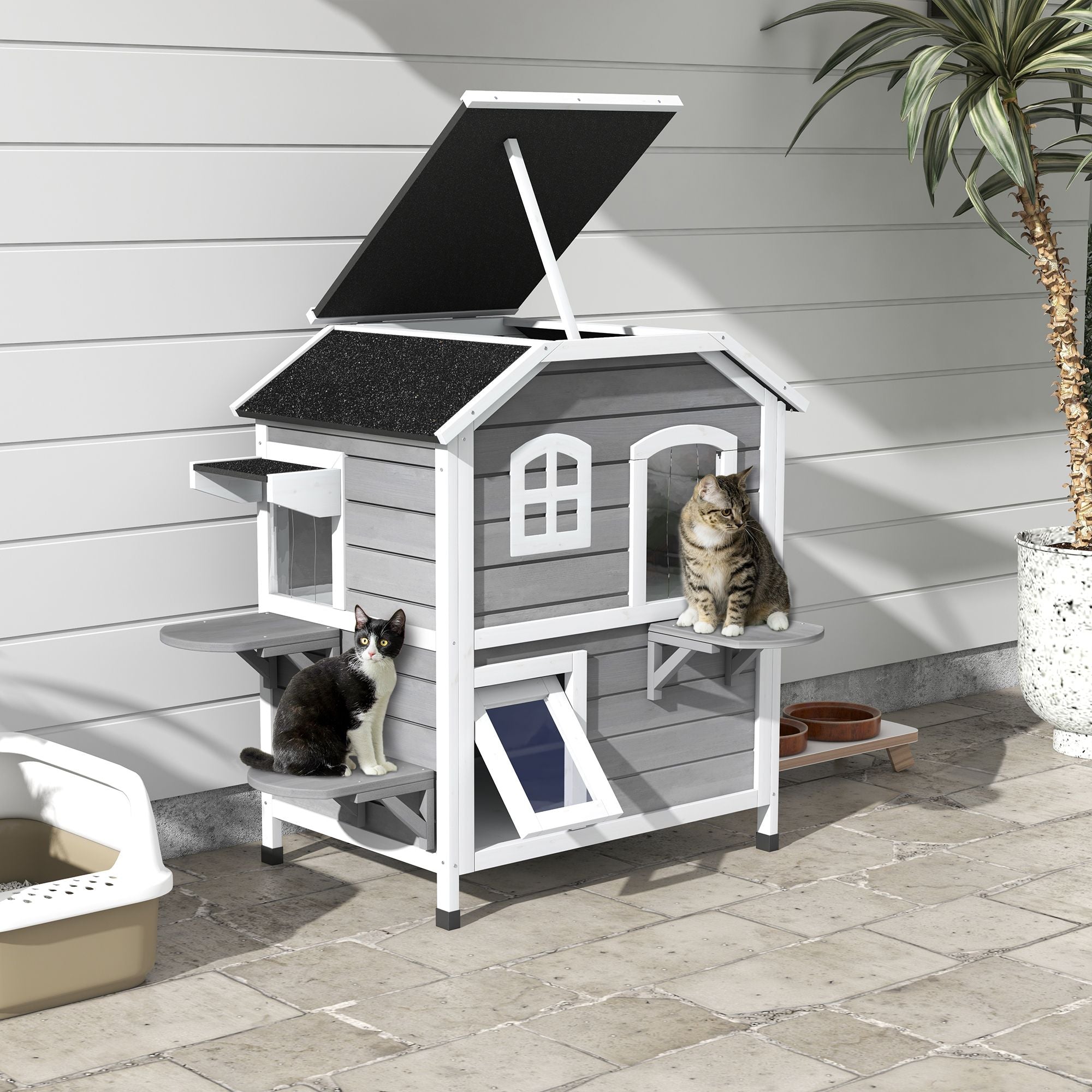 furniture-style 2-Story Outdoor Cat House with Asphalt Roof & Escape Openings