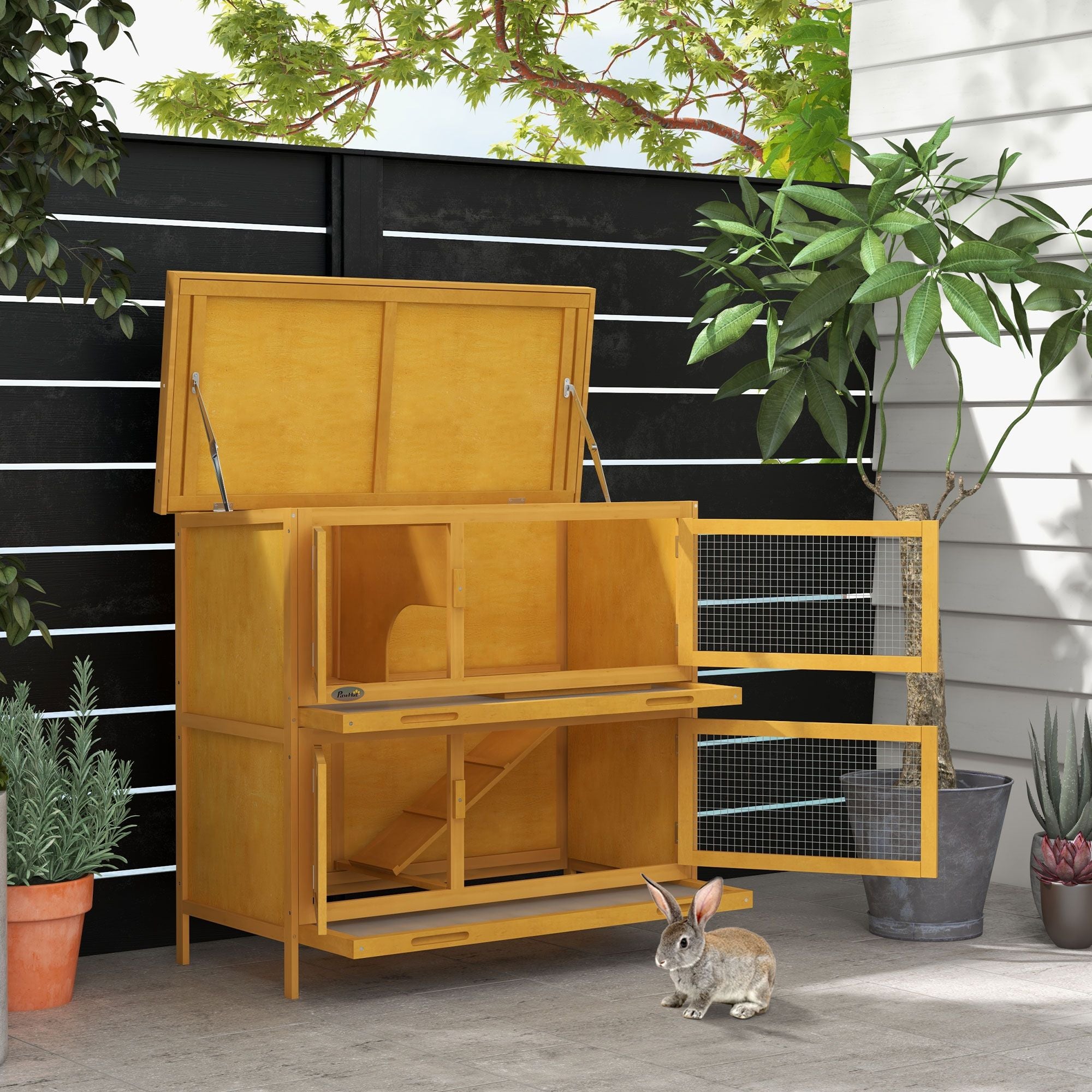 furniture-style Bunny Hutch with Ramp – Indoor/Outdoor Double House for Rabbits & Guinea Pigs