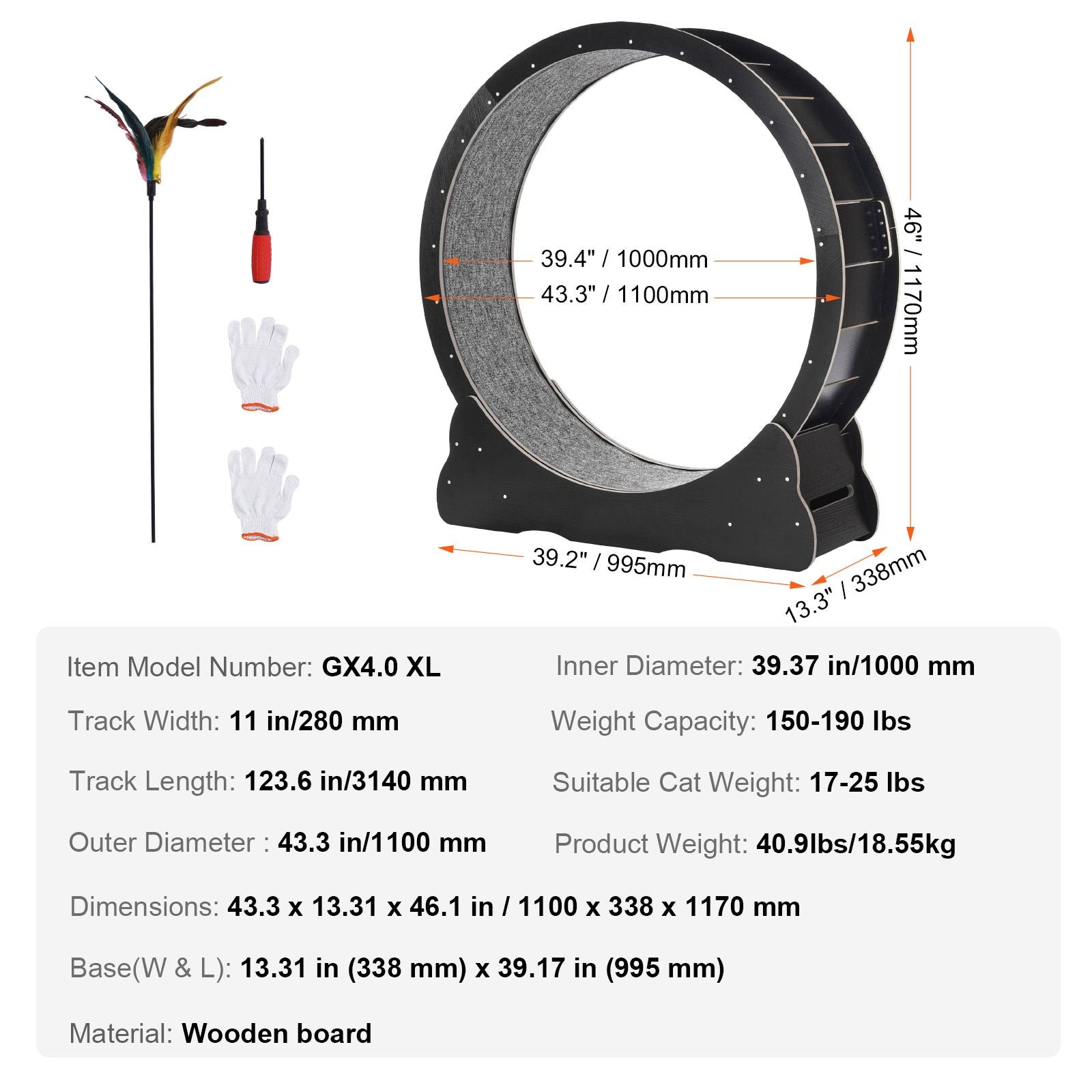 43.3" furniture-style Cat Exercise Wheel: Silent Running for Happy, Healthy Indoor Cats