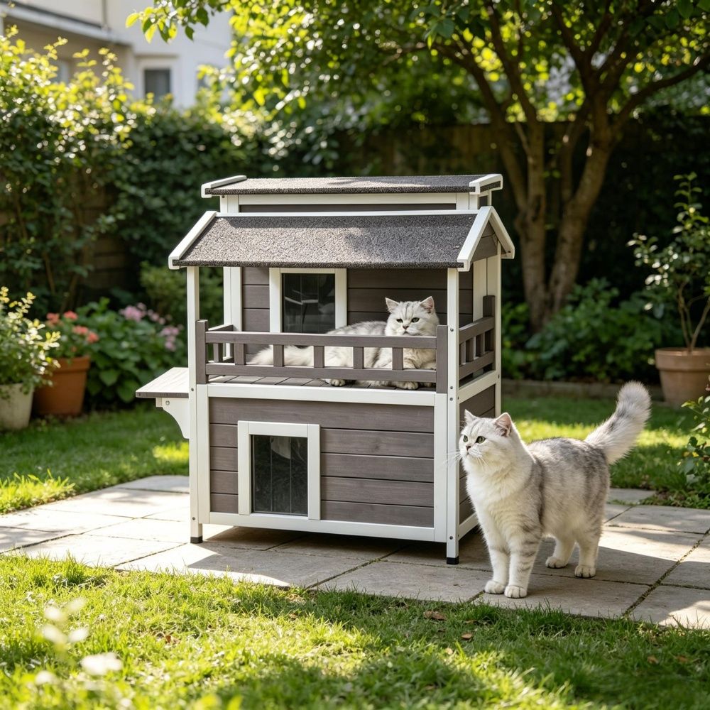 water-ready Outdoor Cat House with Removable Roof and Balcony