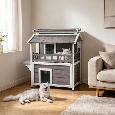 water-ready Outdoor Cat House with Removable Roof and Balcony