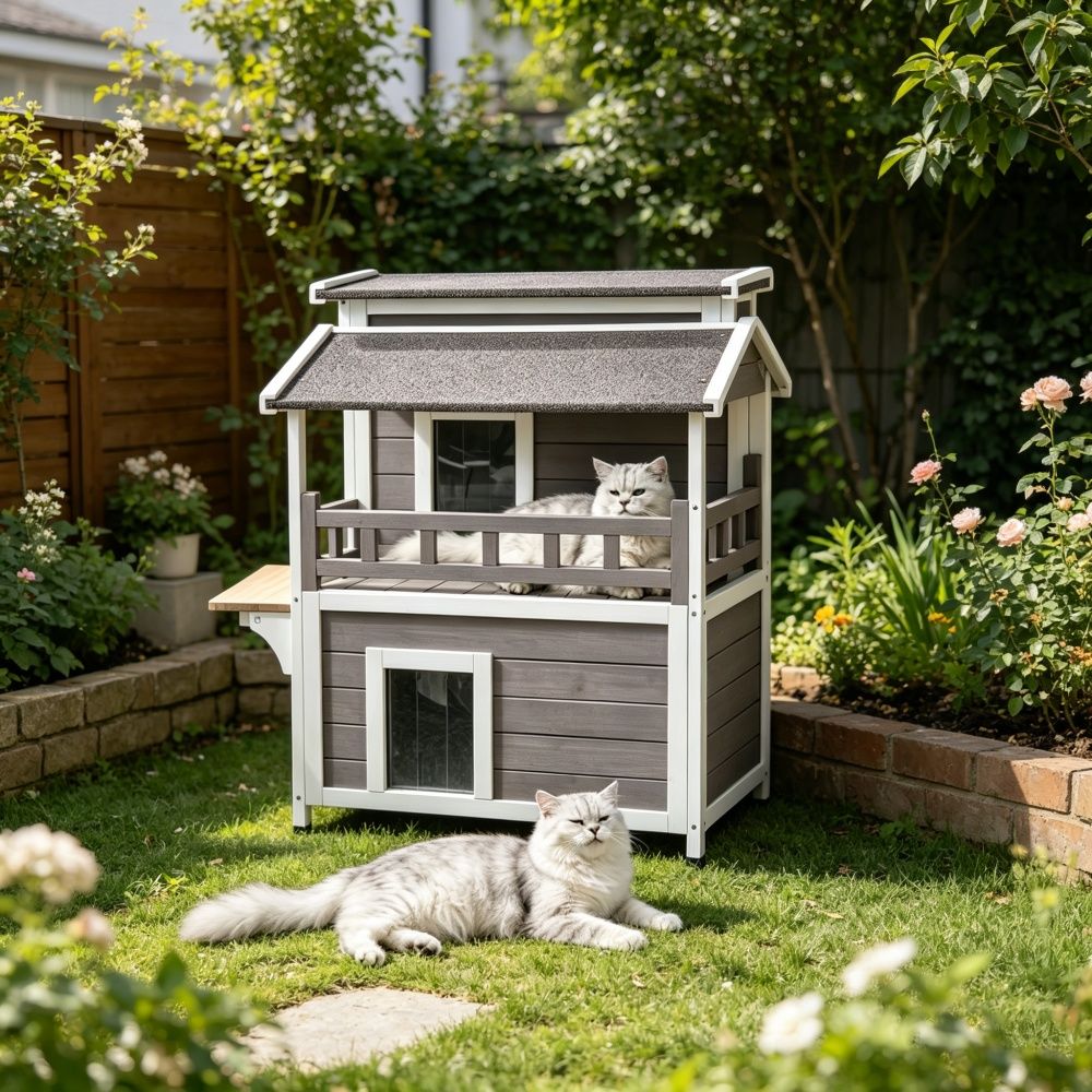 water-ready Outdoor Cat House with Removable Roof and Balcony