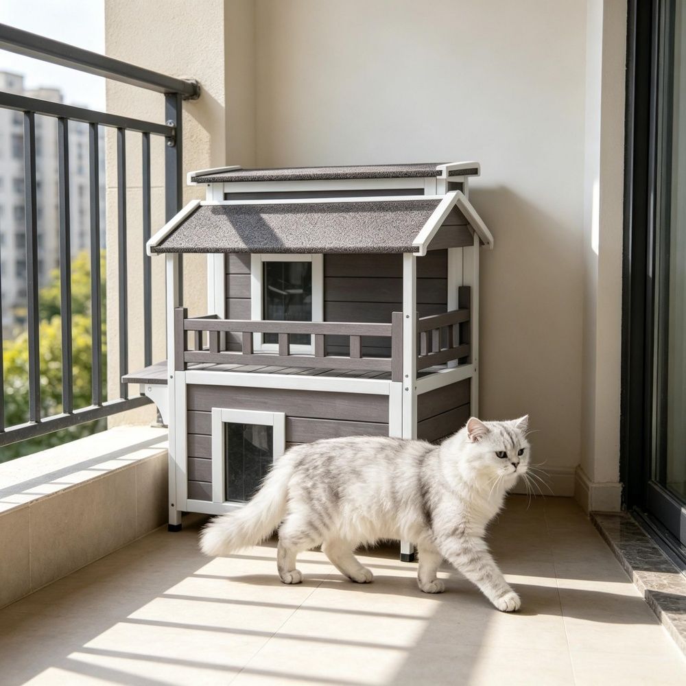 water-ready Outdoor Cat House with Removable Roof and Balcony