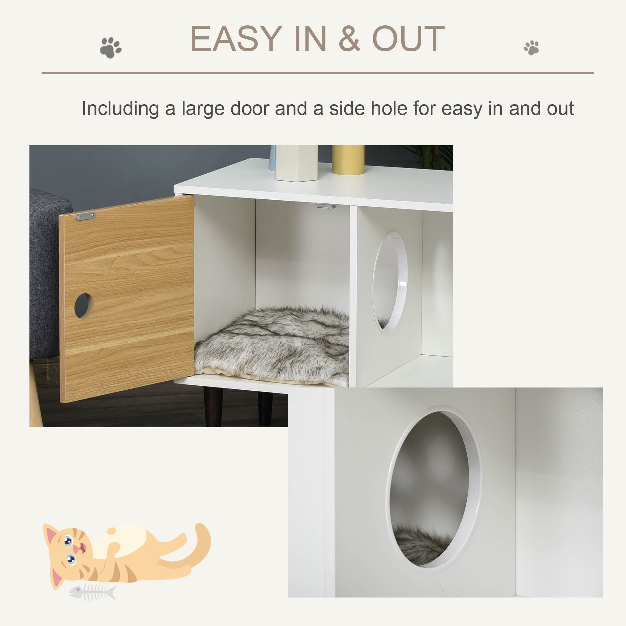 Wooden Cat House with Soft Cushion, Decorative Kitten Condo Side Table, Elevated Pet House with Storage Space