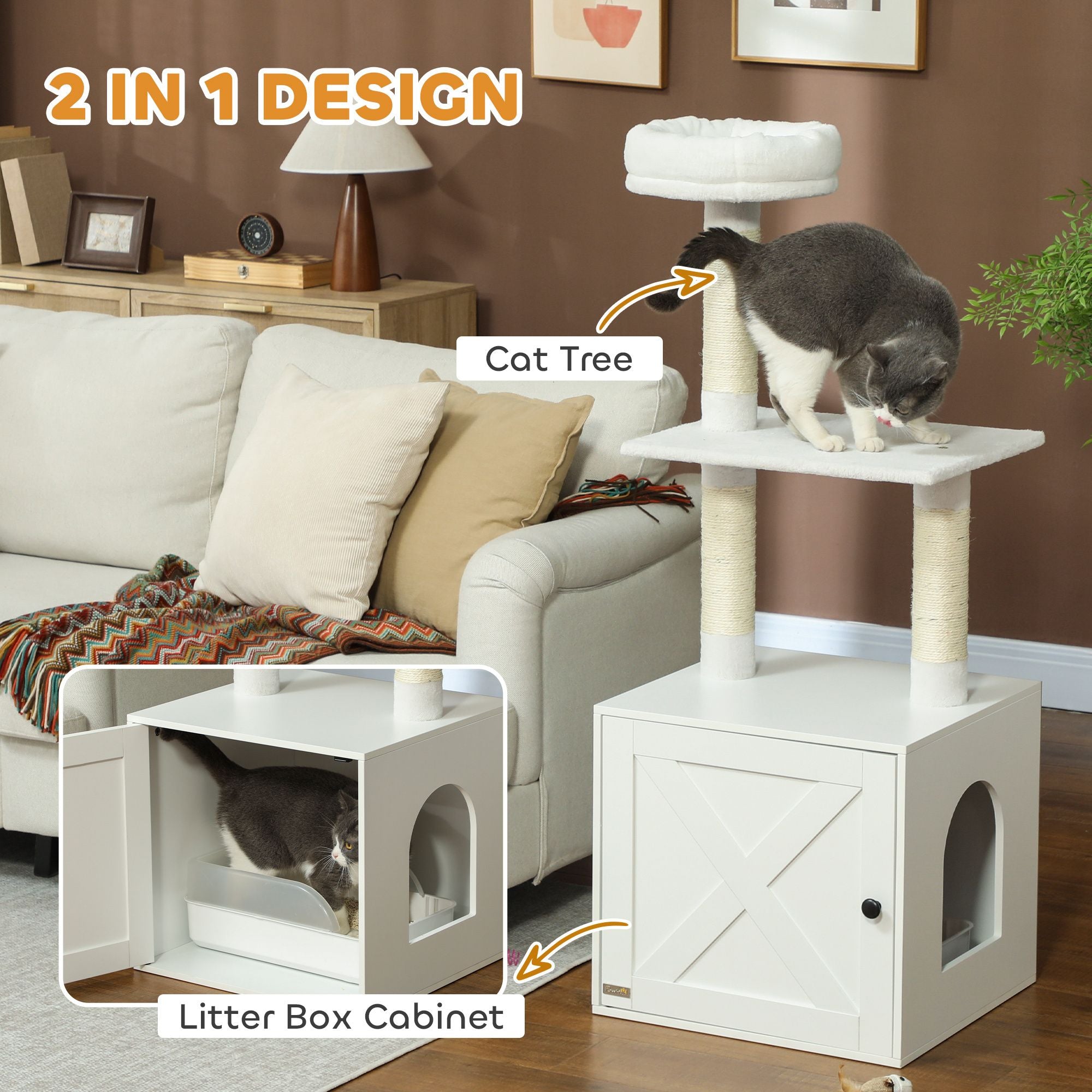 Furniture-Style Cat Tree with Hidden Litter Box Enclosure