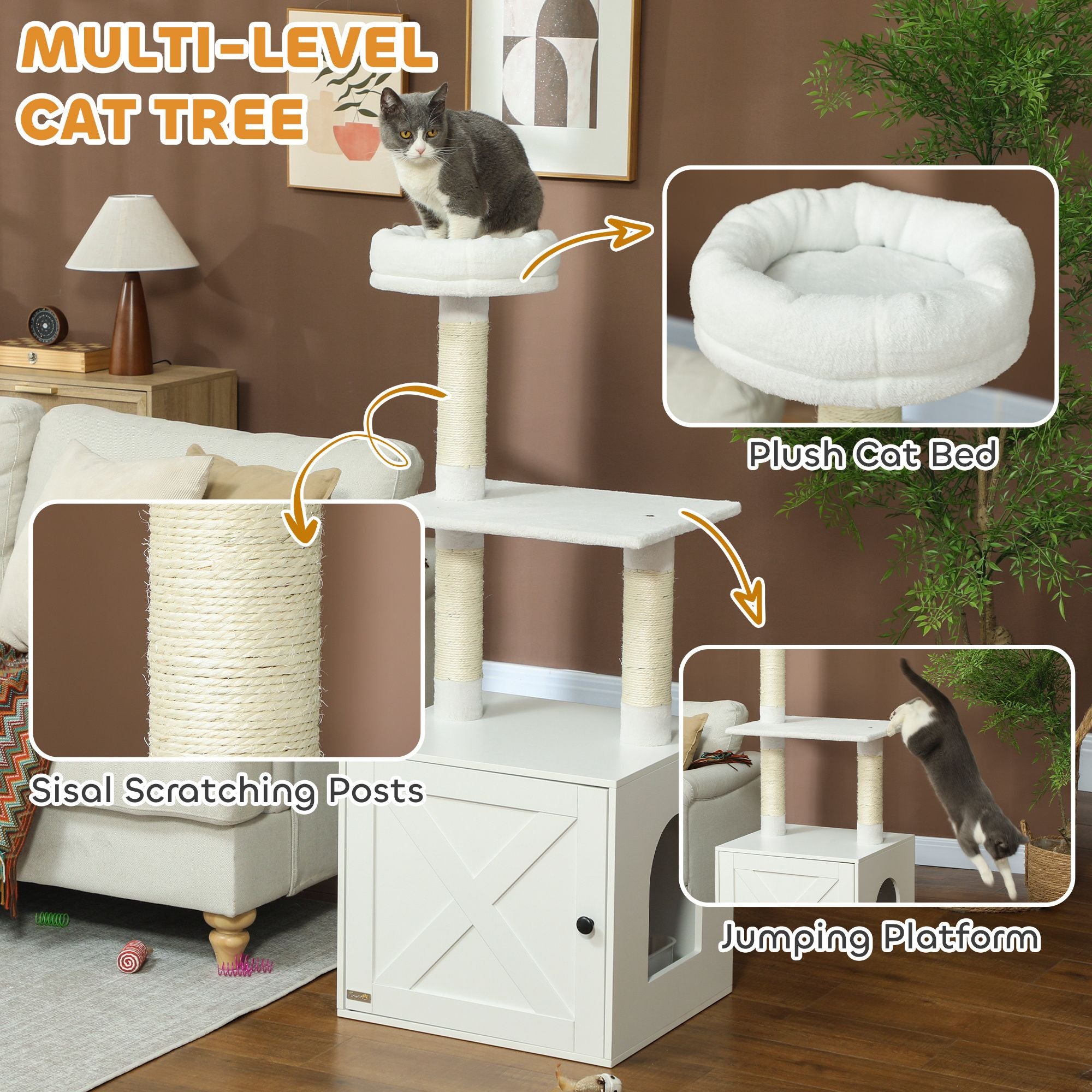 Furniture-Style Cat Tree with Hidden Litter Box Enclosure