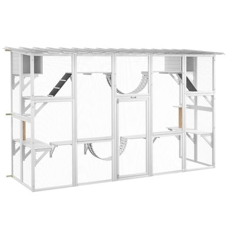 furniture-style Catio Window Box Enclosure with Roof, Shelves & Bridges for Outdoor Cat Play