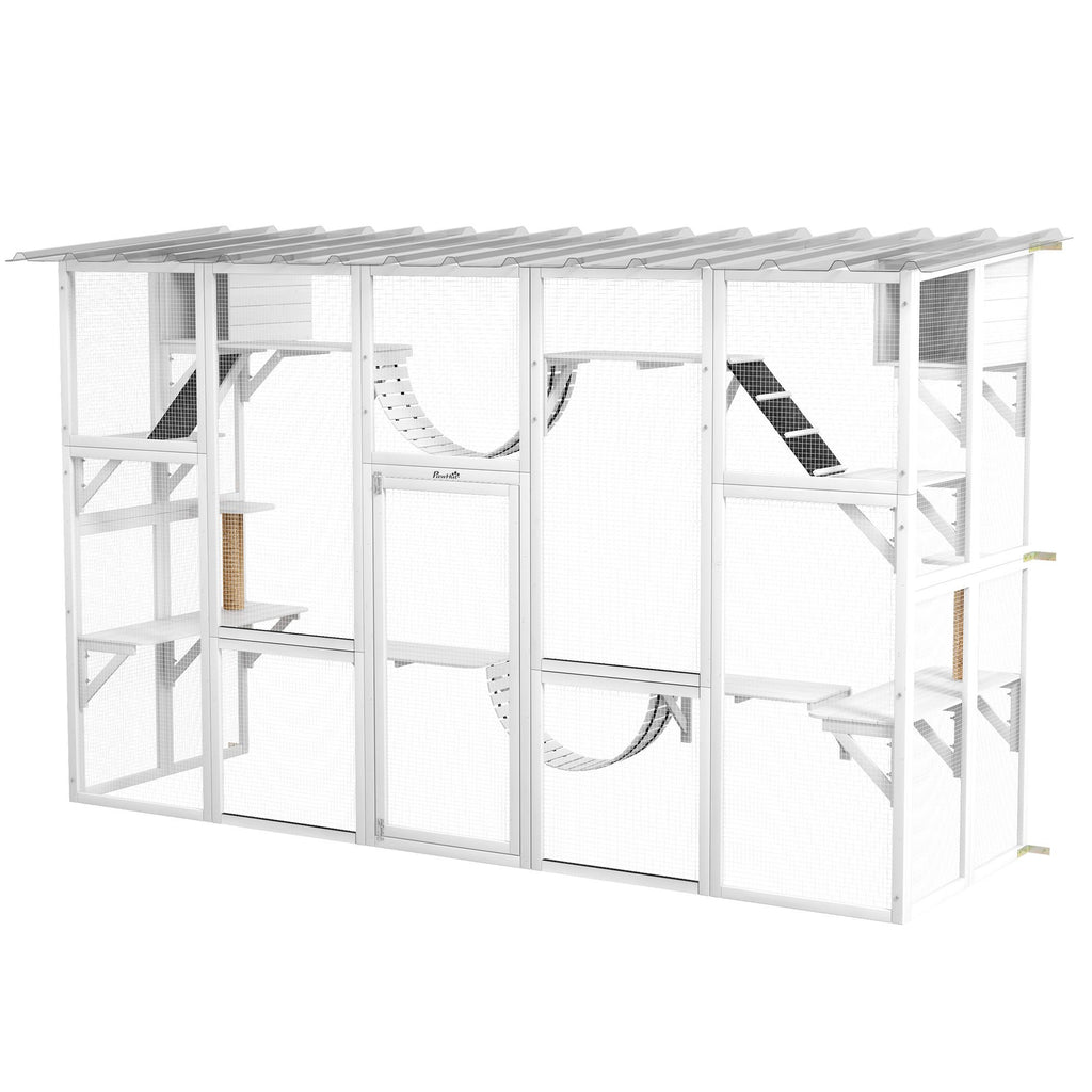 furniture-style Catio Window Box Enclosure with Roof, Shelves & Bridges for Outdoor Cat Play